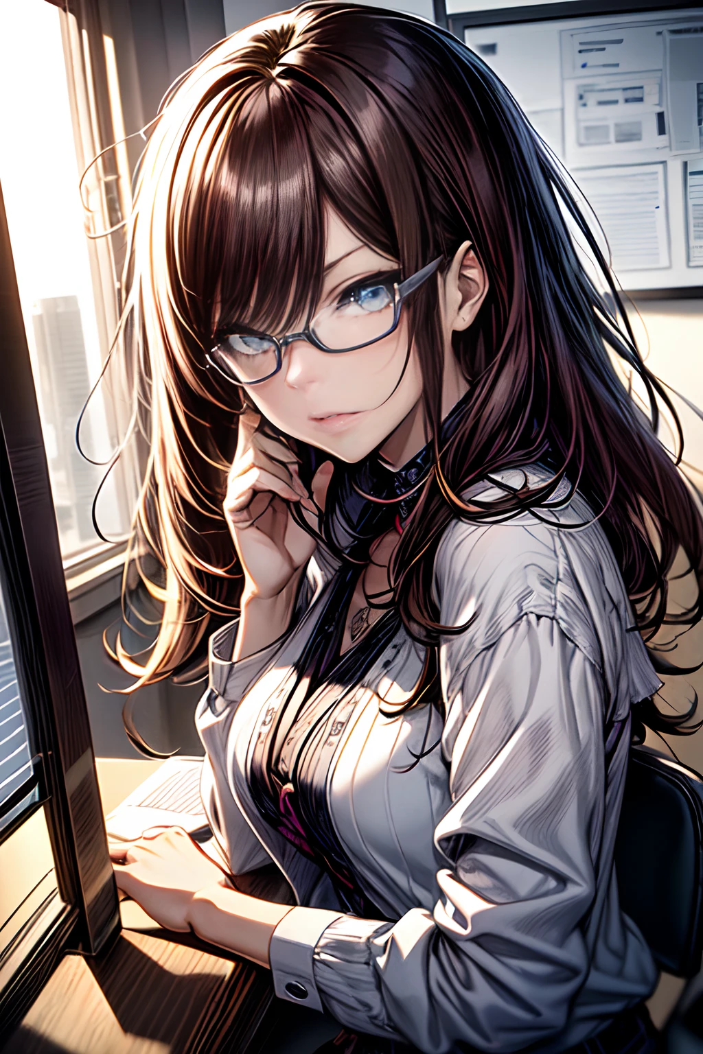 eye glass。top-quality, Photorealistic, An ultra-fine illustrations, beautiful attractive anime girl, Brown hair, Slender body, Tied hair, one girls, a photo of girl, Full body shot, Beautiful blue eyes, Turned, in a office、Sitting at your desk、Women's Suits、Ahegao , Silly,Sexual ecstasy,Drunken eyes,Blunt bangs,,(masutepiece:1.2, Best Quality), (finely detailed beautiful eye: 1.2), (Detailed background,Dark Fantasy), (beautifull detailed face), High contrast, (Best Illumination, extremely delicate and beautiful), ((Cinematic Light)), Colorful, Hyper Detail, Dramatic light, Intricate details,