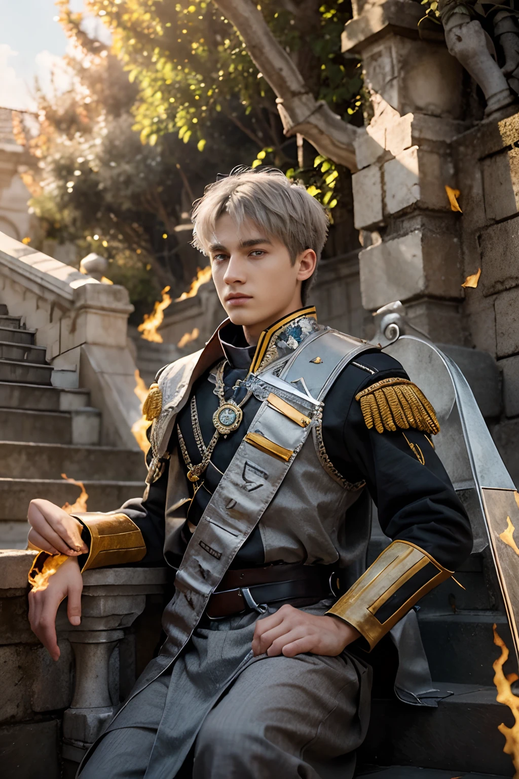 High detail, clarity, 8kk, Throne of Fire, young guy, 18 years old, light gray hair, short haircut, yellow eyes, with blue sky behind, fiery steps to the sky to the throne in front, realism, fantasy, matching face same face