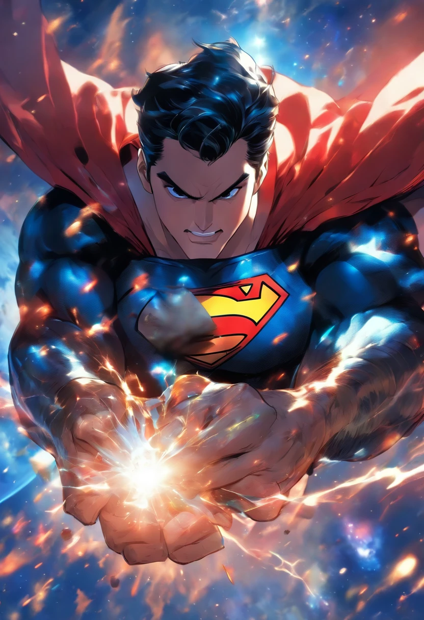 Superman in stunning style, angry, clenched teeth, training, in outer space, planets in the background