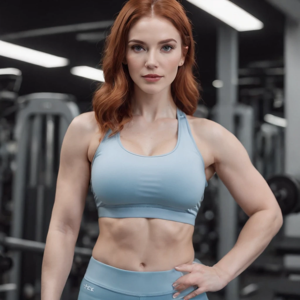 wavy Red-haired woman in Light Blue Leggings and matching sports bra, gym with weights in the background, Model Pose, High quality photo