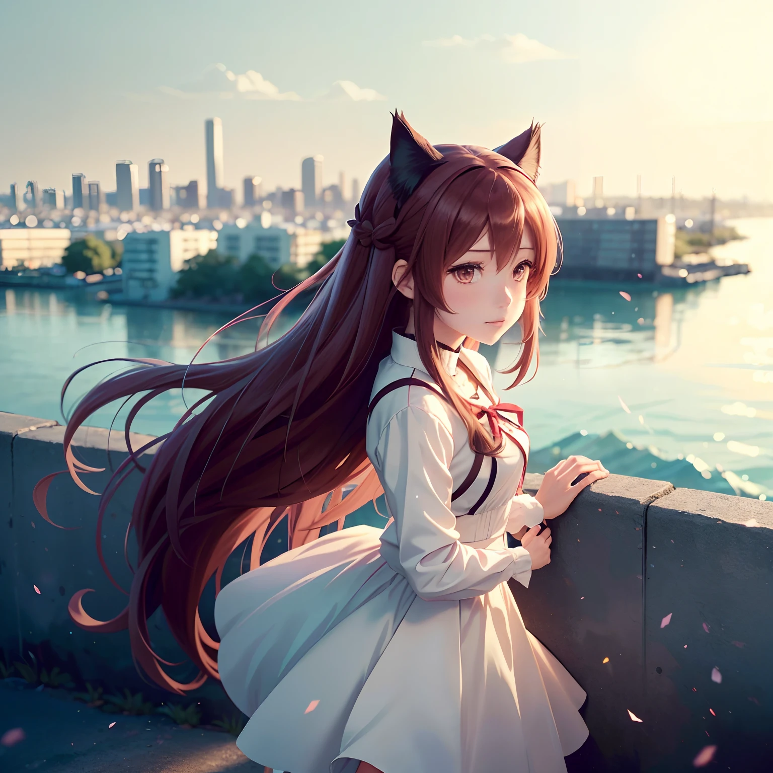 ((Best Quality, 8K)) Anime girl with long hair and cat ears standing in front of the city, Rin Tosaka, anime moe art style, anime style like Fate/stay night, anime girl with long hair, very cute anime girl face, nightcore, from the front line of girls, cute anime girl portrait, anime girl with cat ears, High quality anime art style, "beautiful anime woman", red little ribbon on head
