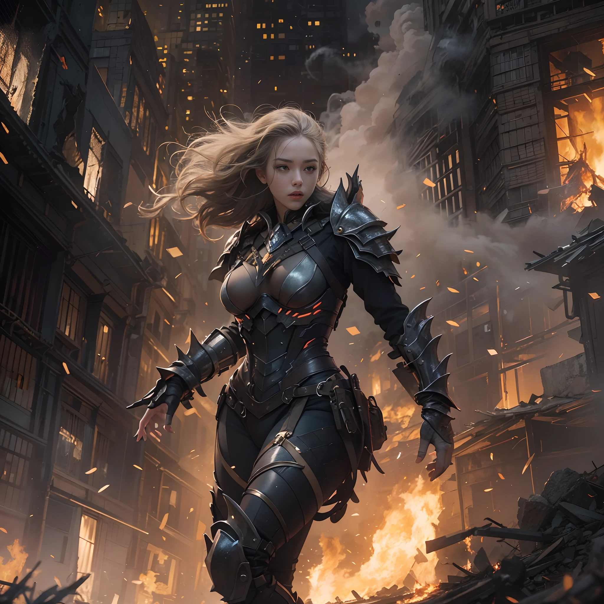 8k, top-quality, （pubic hair beauty）、hight resolution, realisticlying, realperson, Hero wearing glowing armor fighting black smoke and assimilated monsters The hero is a woman in a building street with fire and smoke rising、The building is collapsing