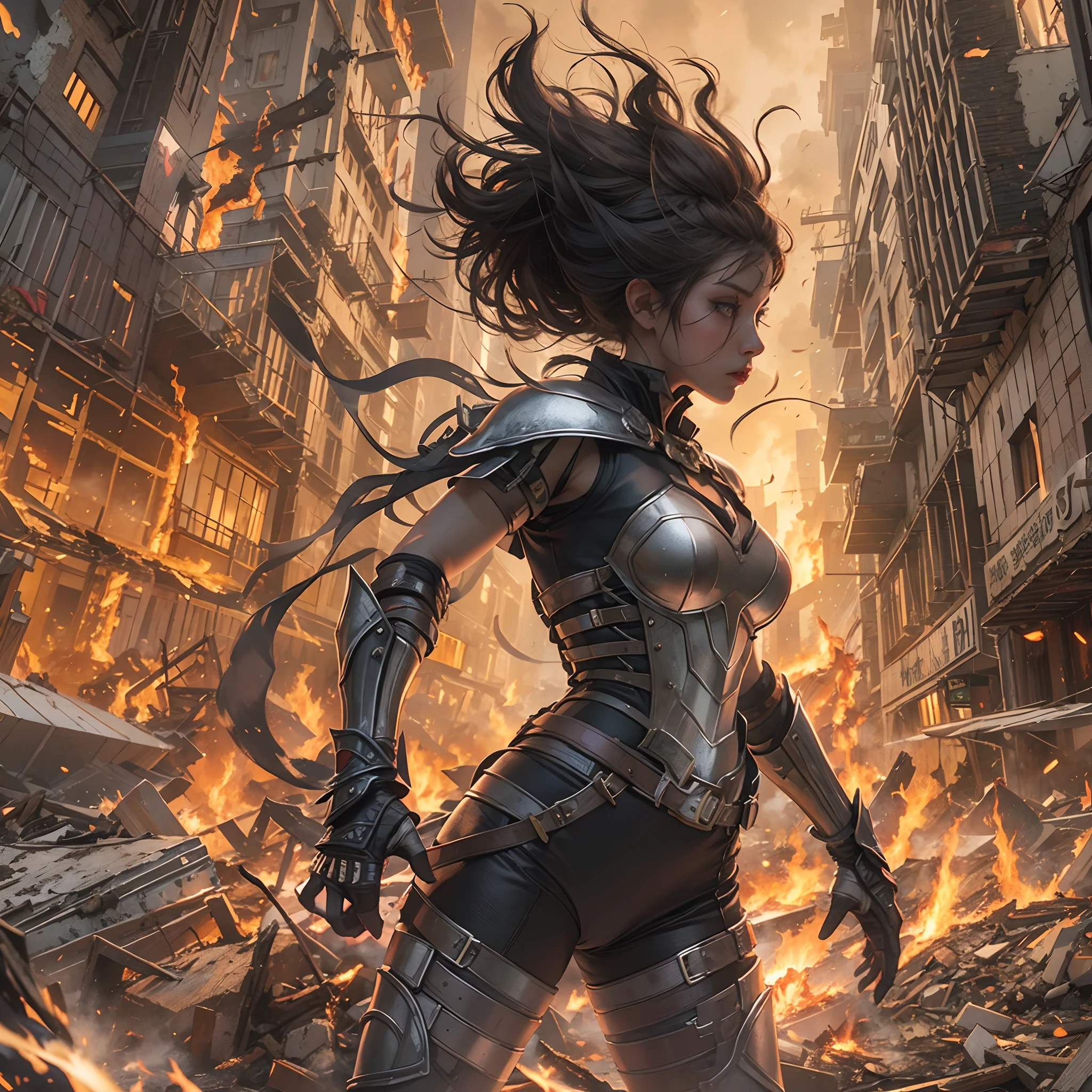 Hero wearing glowing armor fighting black smoke and assimilated monsters The hero is a woman in a building street with fire and smoke rising、The building is collapsing