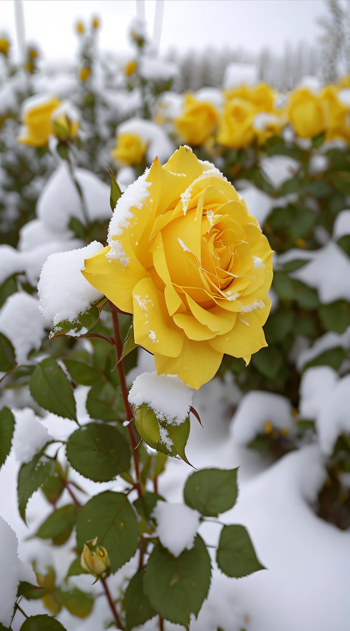 Yellow rose in the snow, Yellow rose, with frozen flowers around her, from Wheaton Illinois, photo of a rose, Yellow, Cold but beautiful, Rose, 4 8 0 p, 480p, Covered with snow, rosses, amarelo, Outstanding detail, In the snow, Shade of yellow, amarelo, pale as the first snow of winter