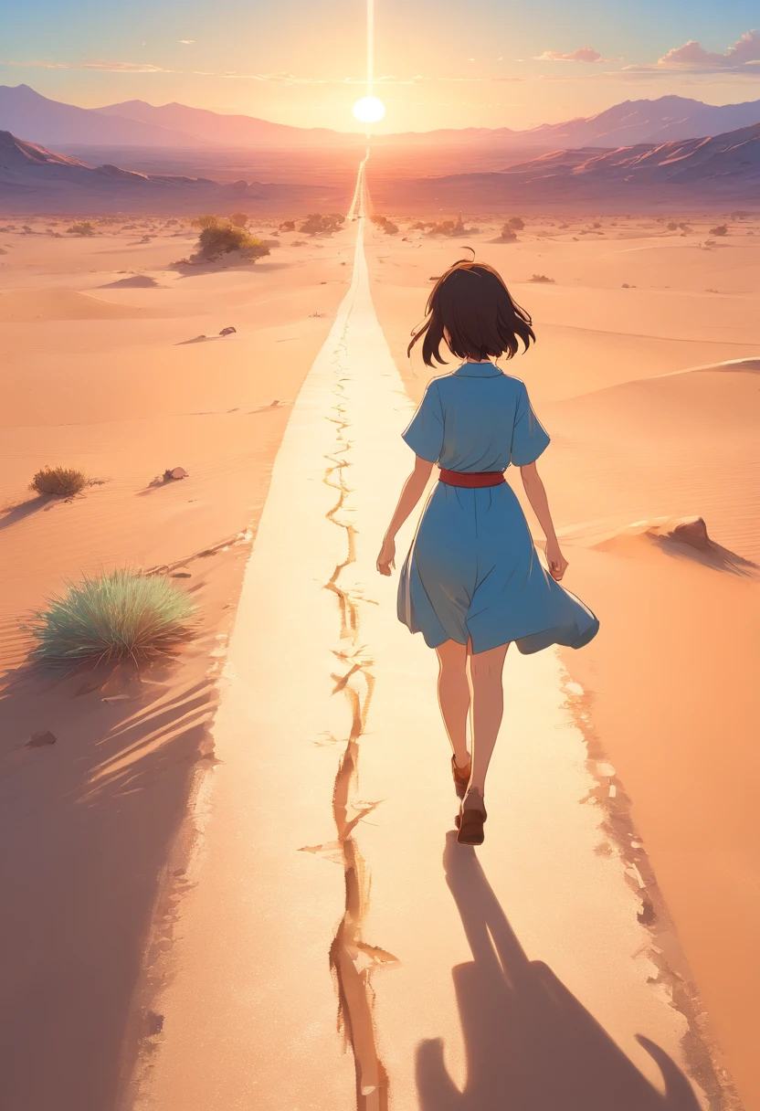 Create a Disney-style 3D illustration of a dusty road in the Jewish desert where the events took place. Emphasis on realism and attention to detail in the environment, Including the texture of the dusty road, Desert landscape, and the soft illumination of the sun. Make the scene look immersive on the mountain，spellbinding