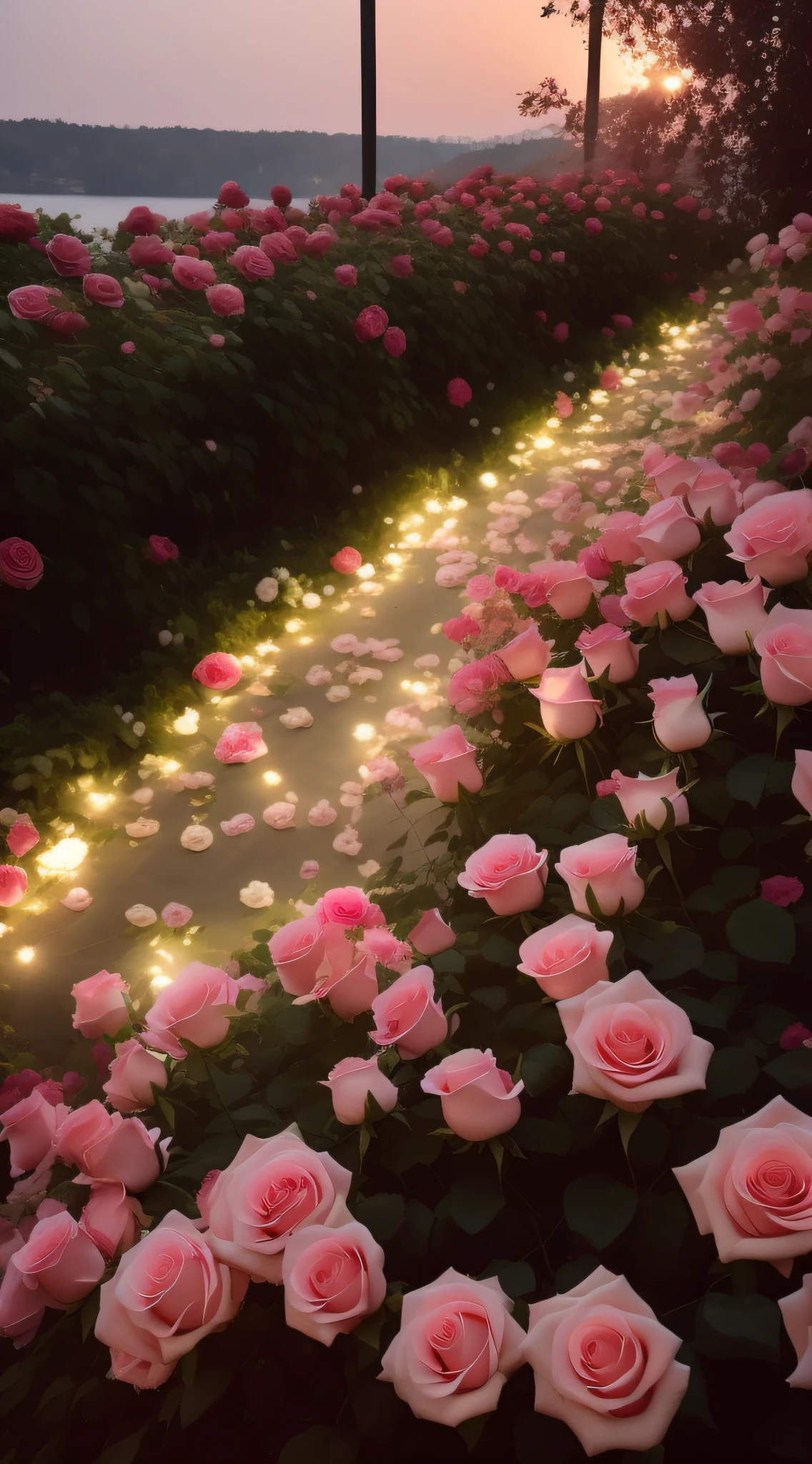 Many pink roses grow in the garden by the lake, rose pink lighting, Beautiful and aesthetic, Rose garden, rosses, rosette, beautiful aesthetic, lights with bloom, roses in cinematic light, portal made of roses, Glowing flowers, ❤🔥🍄🌪, romantic motifs, laying on roses, Beautiful flowers, an aesthetic field of flowers