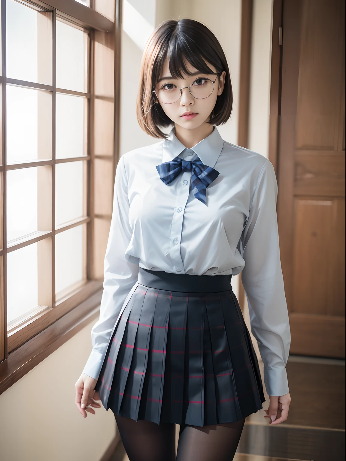 (Long bob cut)、(Underwear is visible)、((Narrow-eyed))、((Narrow-eyed))、((Narrow-eyed))、(8K、Raw photography、top-quality、masterpiece:1.2),((small tits))、((small tits))、((small tits))、((small tits))、((small tits))、((A-cup))、((A-cup))、((A-cup))、((A-cup))、((A-cup))、Has a small、(flat breast)、(flat breast)、(flat breast)、(flat breast)、(flat breast)、(being thin)、light skinned、skin whitening、Dark look、Rasping,glamor,Chromo-white skin,cocky,School,watching at viewers,Looking at the front,Muchimuchi,High-pitched clothing,Erotic,Pupils,de pele branca,kne,((Black pantyhose)),absurderes,a small face,,Forehead visible,Bangs hanging from the left and right sides of the forehead,(a cold expression,Tight eyes,glares,Bullish,irate)、masterpiece,top-quality、超A high resolution,Raw photo,ren,Beautiful fece,One Person, 独奏,eye glass,,Dark look,Small breasts,fullllbody,Round glasses,JK school uniform,hi-school girl,A Japanese Lady,is standing,(Photorealsitic:1.37)、Photon mapping,Realistic、Beautie,Cute little face,Brown-eyed、Black socks、(Red bow tie)、Radio City、Physically Based Rendering、depth of fields、Blurry background、a picture,Body,beauty legs, Long legs, Thin leg,(Bangs are visible), hair, s lips, Blue_The eye, nosesoft,(Light blue shirt), (Navy and blue and white plaid pleated skirt), Knees are visible,Sheer clothing,, Thigh, Black cotton socks,Nogizaka Idol, 女優, Japanese ido