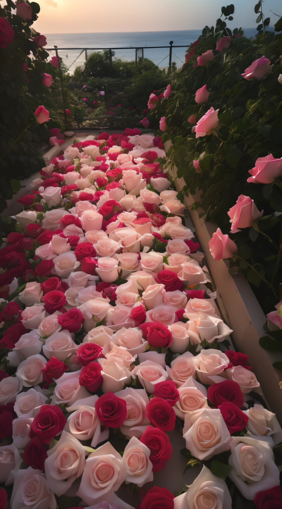 Flowers are arranged on the ground of the garden near the ocean, Flower beds on the floor, laying on roses, rosses, white and red roses, rosette, Rose garden, portal made of roses, a few roses, Large rose petals, walking down, Flowers everywhere, Rose background, beutifull, rose background, Large rose petals, Flowers!!!!
