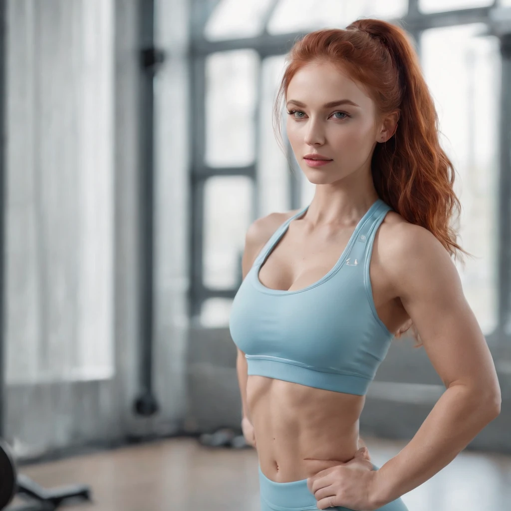 (1girl in, age22,Solo, Aesthetic artwork, Norway redhead, wavy ginger hair, shoulder length ginger hair, light grey eyes, some small freckles, pale skin, C-cup, small breasts, fitness body, (textured skin, skin pores:1.1), (moles:0.8), imperfect skin, goosebumps, (wearing leggings, grey:1.2), (wearing leggings, gray:1.2), empty fitness gym, blury background, (action shot, kneeling, 1.25), (extremely detailed 8k wallpaper), (hard lighting), high quality, film grain, Fujifilm XT3 sharp focus, f 5.6, 50mm, High Detail, Sharp focus, (natural light), crazy details, complex details, hyperdetailed