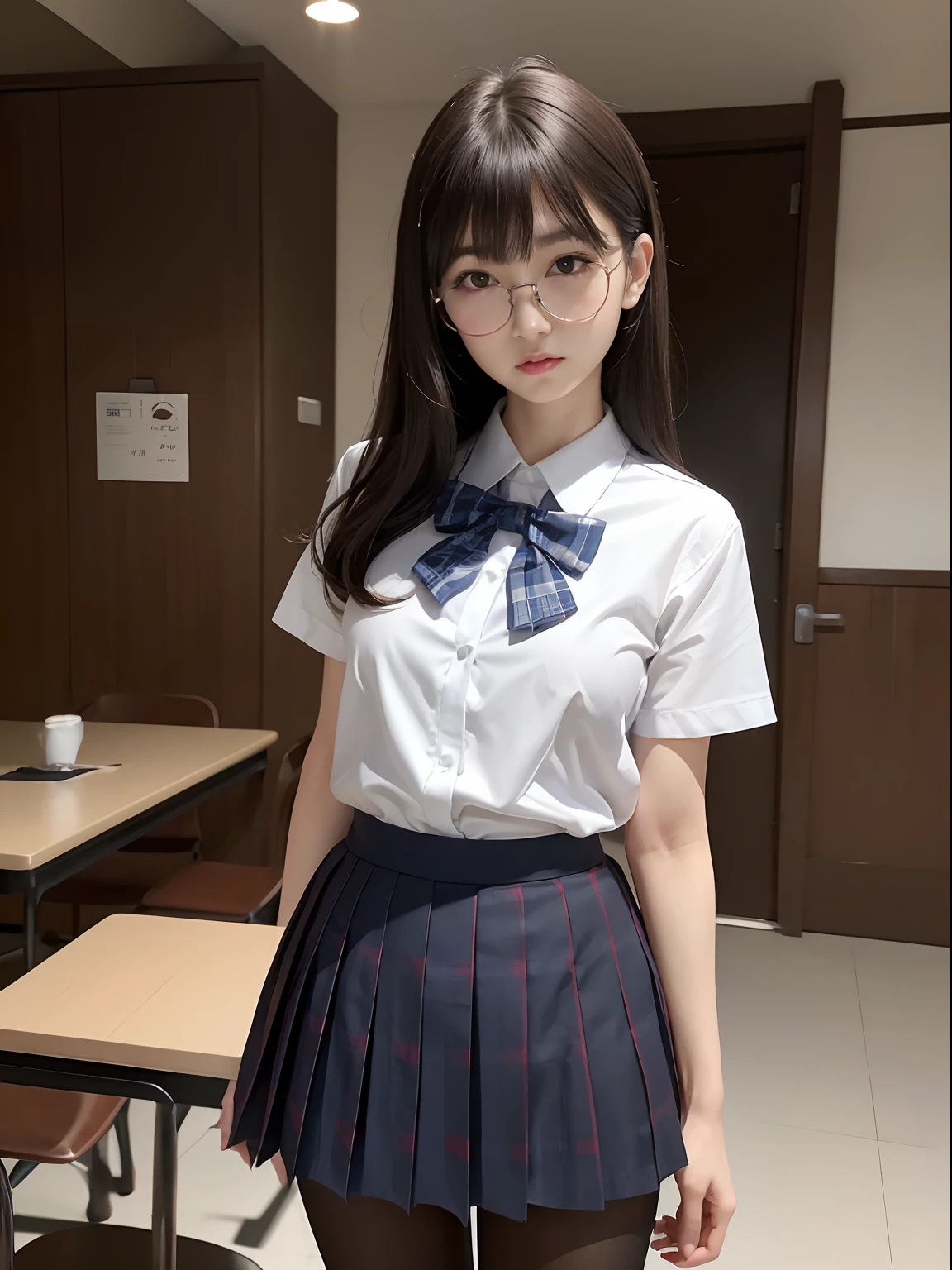 (Long bob cut)、(Underwear is visible)、((Narrow-eyed))、((Narrow-eyed))、((Narrow-eyed))、(8K、Raw photography、top-quality、masterpiece:1.2),((small tits))、((small tits))、((small tits))、((small tits))、((small tits))、((A-cup))、((A-cup))、((A-cup))、((A-cup))、((A-cup))、Has a small、(flat breast)、(flat breast)、(flat breast)、(flat breast)、(flat breast)、(being thin)、light skinned、skin whitening、Dark look、Rasping,glamor,Chromo-white skin,cocky,School,watching at viewers,Looking at the front,Muchimuchi,High-pitched clothing,Erotic,Pupils,de pele branca,kne,((Black pantyhose)),absurderes,a small face,,Forehead visible,Bangs hanging from the left and right sides of the forehead,(a cold expression,Tight eyes,glares,Bullish,irate)、masterpiece,top-quality、超A high resolution,Raw photo,ren,Beautiful fece,One Person, 独奏,eye glass,,Dark look,Small breasts,fullllbody,Round glasses,JK school uniform,hi-school girl,A Japanese Lady,is standing,(Photorealsitic:1.37)、Photon mapping,Realistic、Beautie,Cute little face,Brown-eyed、Black socks、(Red bow tie)、Radio City、Physically Based Rendering、depth of fields、Blurry background、a picture,Body,beauty legs, Long legs, Thin leg,(Bangs are visible), hair, s lips, Blue_The eye, nosesoft,(Light blue shirt), (Navy and blue and white plaid pleated skirt), Knees are visible,Sheer clothing,, Thigh, Black cotton socks,Nogizaka Idol, 女優, Japanese ido