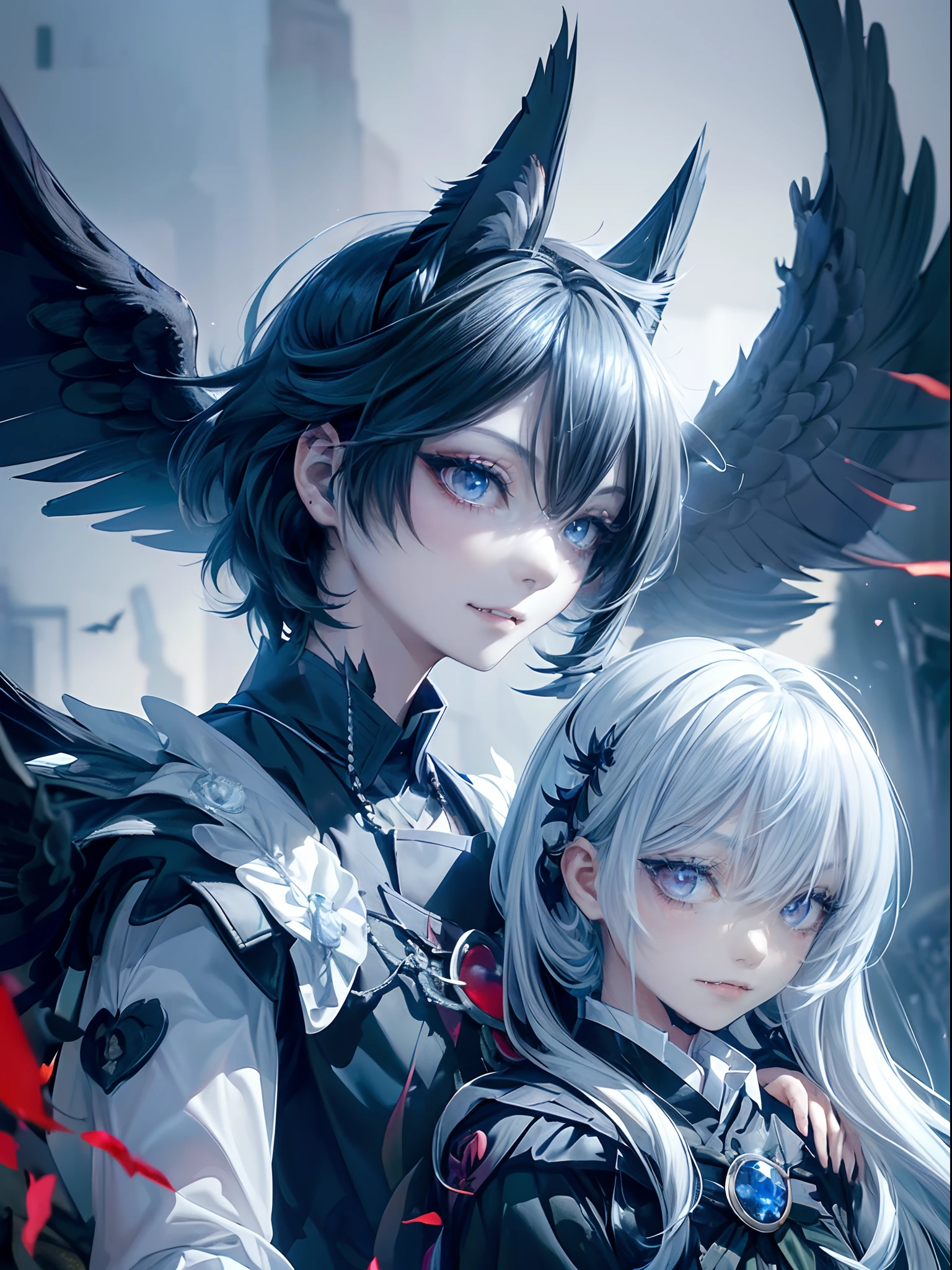 ((4K works))、​masterpiece、（top-quality)、((high-level image quality))、((one beautiful women))、Slim body、((Black Y Shirt Fashion))、(Detailed beautiful eyes)、Crow on fantastic city background、((Face similar to Chaewon in Ruseraphim))、((shoulder-length hair))、((bright silver hair))、((Smaller face))、((Neutral face))、((Light blue eyes))、((Korean Women))、((18year old))、((Wild Lady))、((Wild look))、((Show your fangs and laugh))、((Korean makeup with black eyeshadow))、((elongated and sharp eyes))、((Shot alone))、((Fallen Angel))、((Fallen Angel Woman))、Photos of fallen angels、Villain、((amazing photo))、Photographed so that the whole body can be seen、horor、((There is a crow on the right shoulder))、Dark Proof、((Shot diagonally from the side))