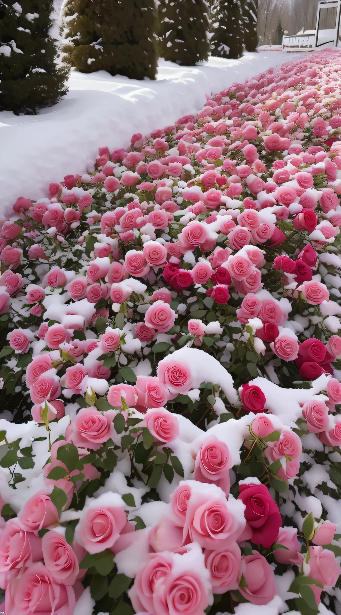 There are many pink roses covered in snow, Rose garden, with frozen flowers around her, rosette, beautiful flowers growing, beautiful aesthetic, an aesthetic field of flowers, Flowers everywhere, Beautiful nature, Beautiful and aesthetic, Really beautiful nature, a few roses, Lots of flowers, Many flowers, with soft bushes, Beautiful composition, rosses, Beautiful flowers