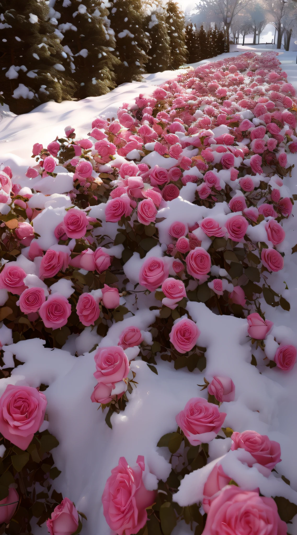 Pink roses covered in snow in the garden, rosette, high quality photorealism, soft light 4 k in pink, cryengine render 8 k, Rose garden, with frozen flowers around her, roses in cinematic light, beautiful flowers growing, cryengine render 8 k uhd, ( Ultra photo realsisim, Photorealistic 8K, cinema 4d cinematic render, realistic scene