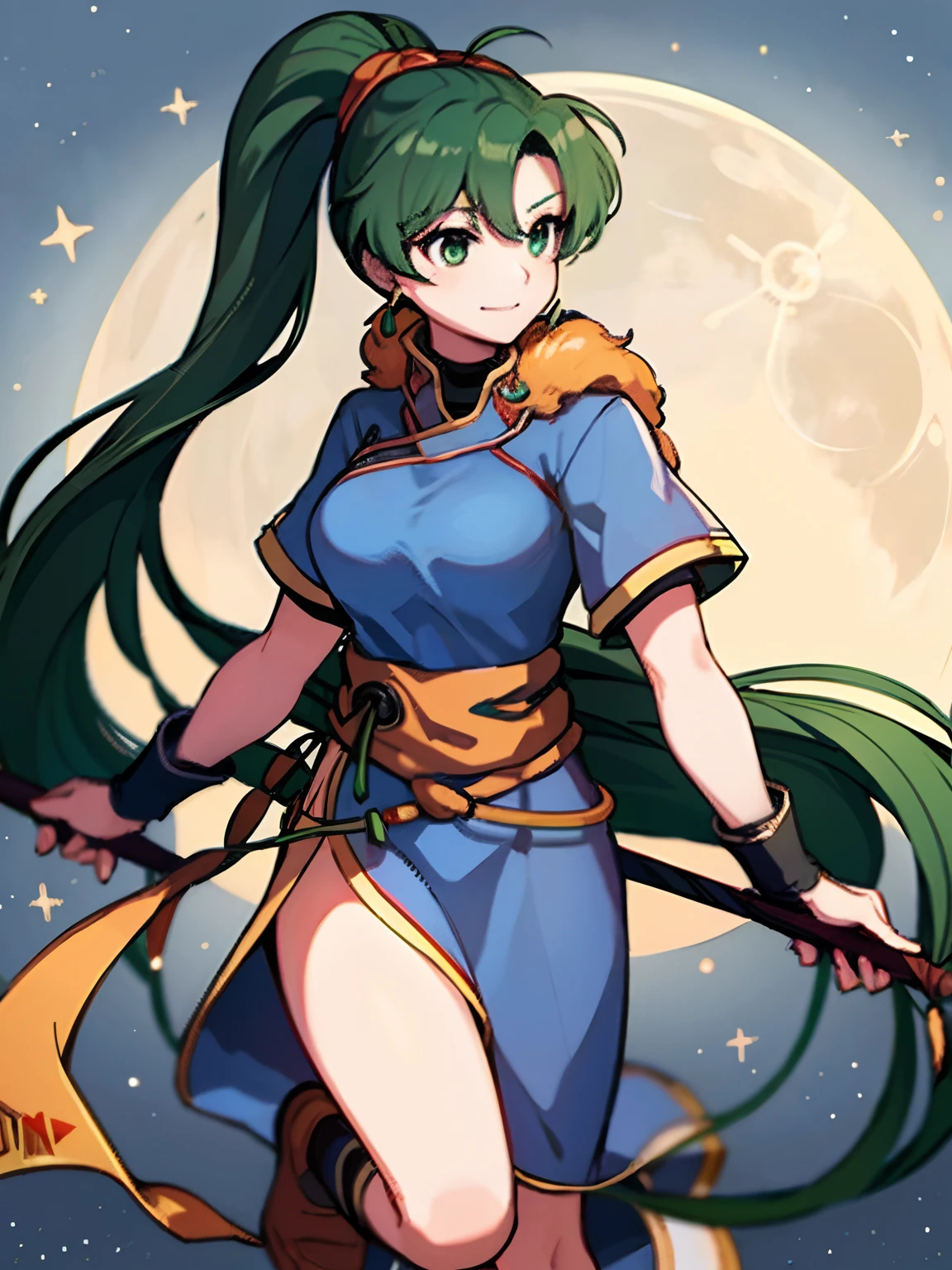 (Lyn from FE)(smiling) (full body) (high quality)(a large moon and stars in the background)