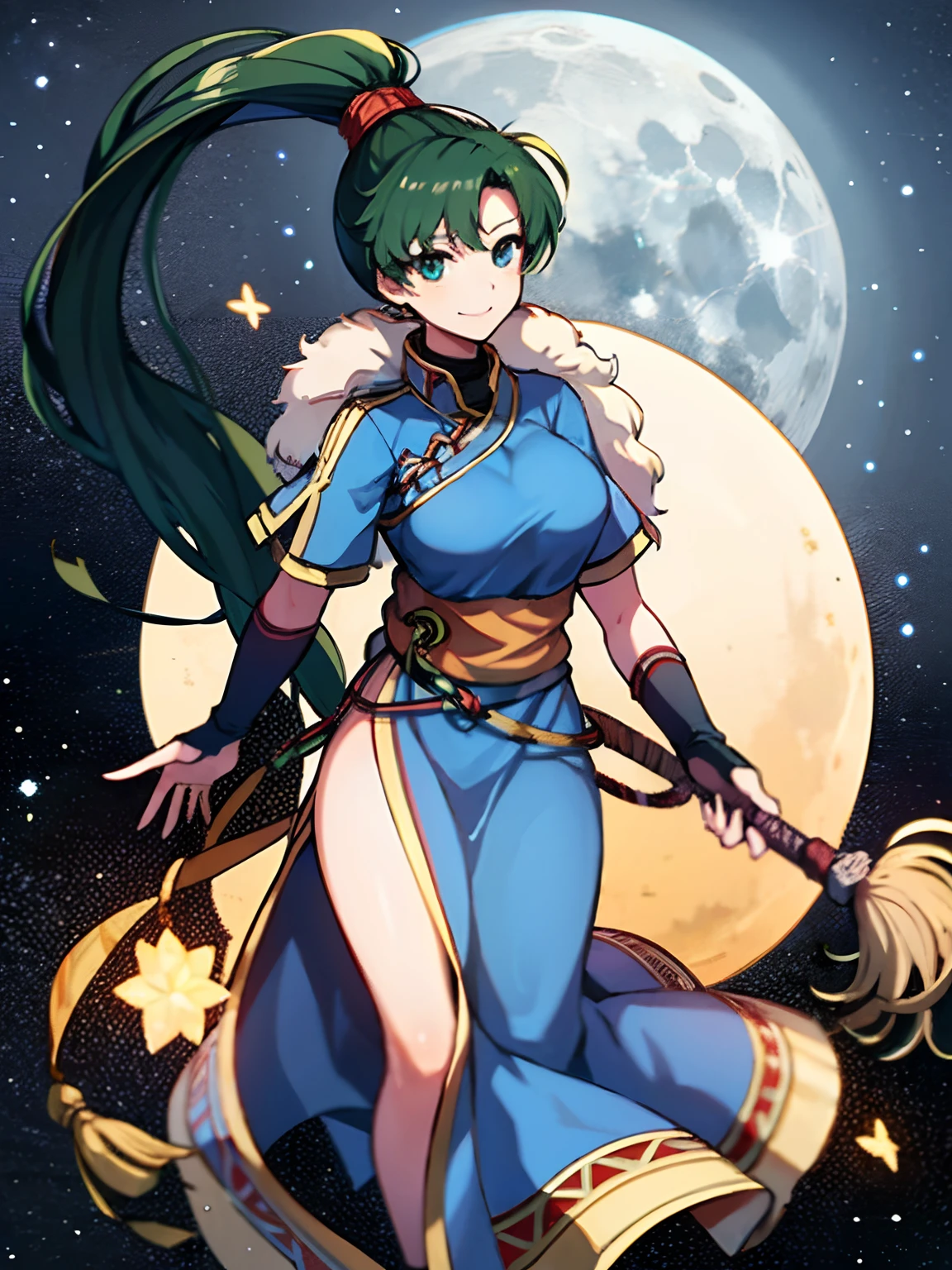 (Lyn from FE)(smiling) (full body) (high quality)(a large moon and stars in the background)