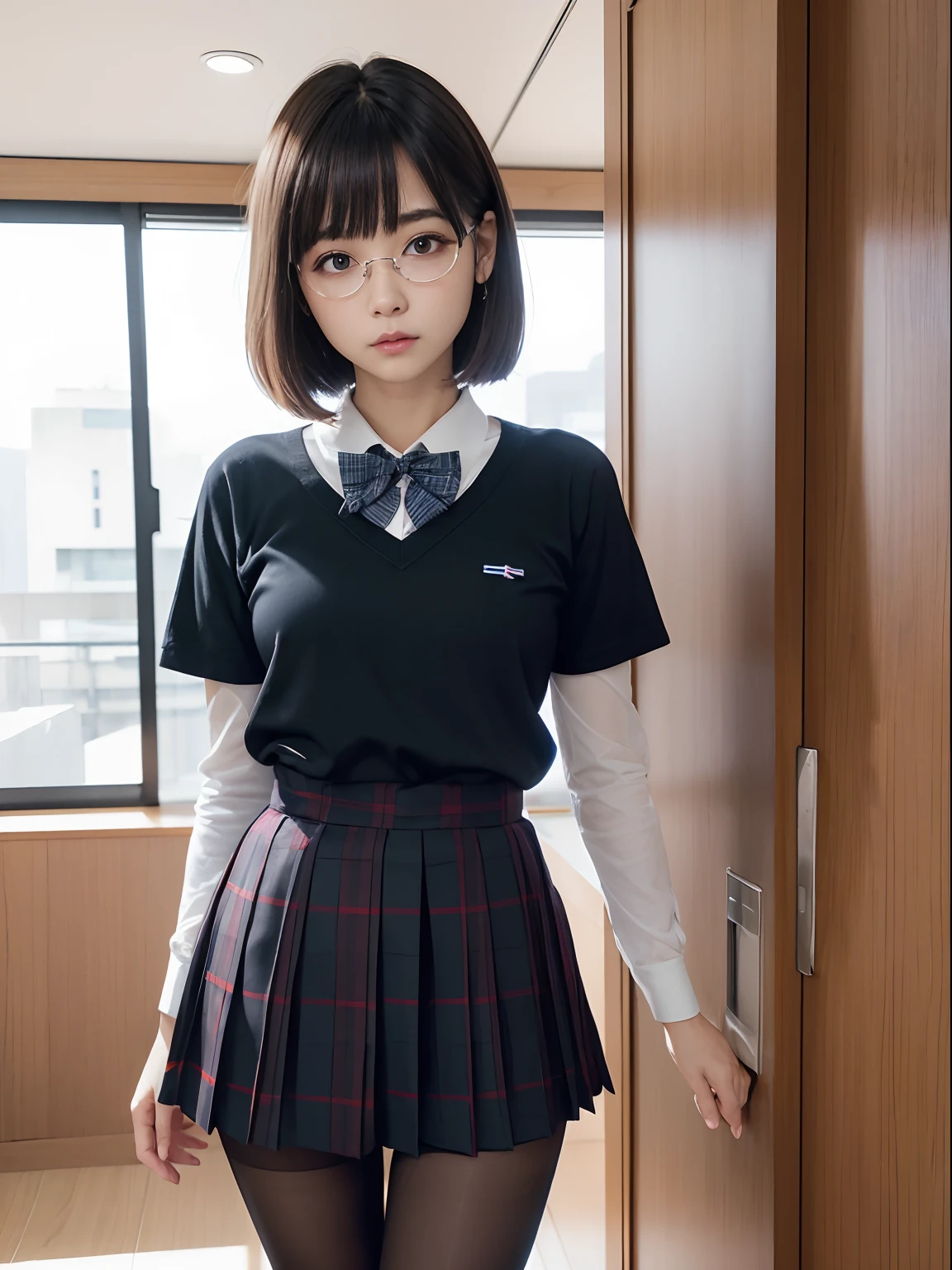 (Long bob cut)、(Underwear is visible)、((Narrow-eyed))、((Narrow-eyed))、((Narrow-eyed))、(8K、Raw photography、top-quality、masterpiece:1.2),((small tits))、((small tits))、((small tits))、((small tits))、((small tits))、((A-cup))、((A-cup))、((A-cup))、((A-cup))、((A-cup))、Has a small、(flat breast)、(flat breast)、(flat breast)、(flat breast)、(flat breast)、(being thin)、light skinned、skin whitening、Dark look、Rasping,glamor,Chromo-white skin,cocky,School,watching at viewers,Looking at the front,Muchimuchi,High-pitched clothing,Erotic,Pupils,de pele branca,kne,((Black pantyhose)),absurderes,a small face,,Forehead visible,Bangs hanging from the left and right sides of the forehead,(a cold expression,Tight eyes,glares,Bullish,irate)、masterpiece,top-quality、超A high resolution,Raw photo,ren,Beautiful fece,One Person, 独奏,eye glass,,Dark look,Small breasts,fullllbody,Round glasses,JK school uniform,hi-school girl,A Japanese Lady,is standing,(Photorealsitic:1.37)、Photon mapping,Realistic、Beautie,Cute little face,Brown-eyed、Black socks、(Red bow tie)、Radio City、Physically Based Rendering、depth of fields、Blurry background、a picture,Body,beauty legs, Long legs, Thin leg,(Bangs are visible), hair, s lips, Blue_The eye, nosesoft,(Light blue shirt), (Navy and blue and white plaid pleated skirt), Knees are visible,Sheer clothing,, Thigh, Black cotton socks,Nogizaka Idol, 女優, Japanese ido