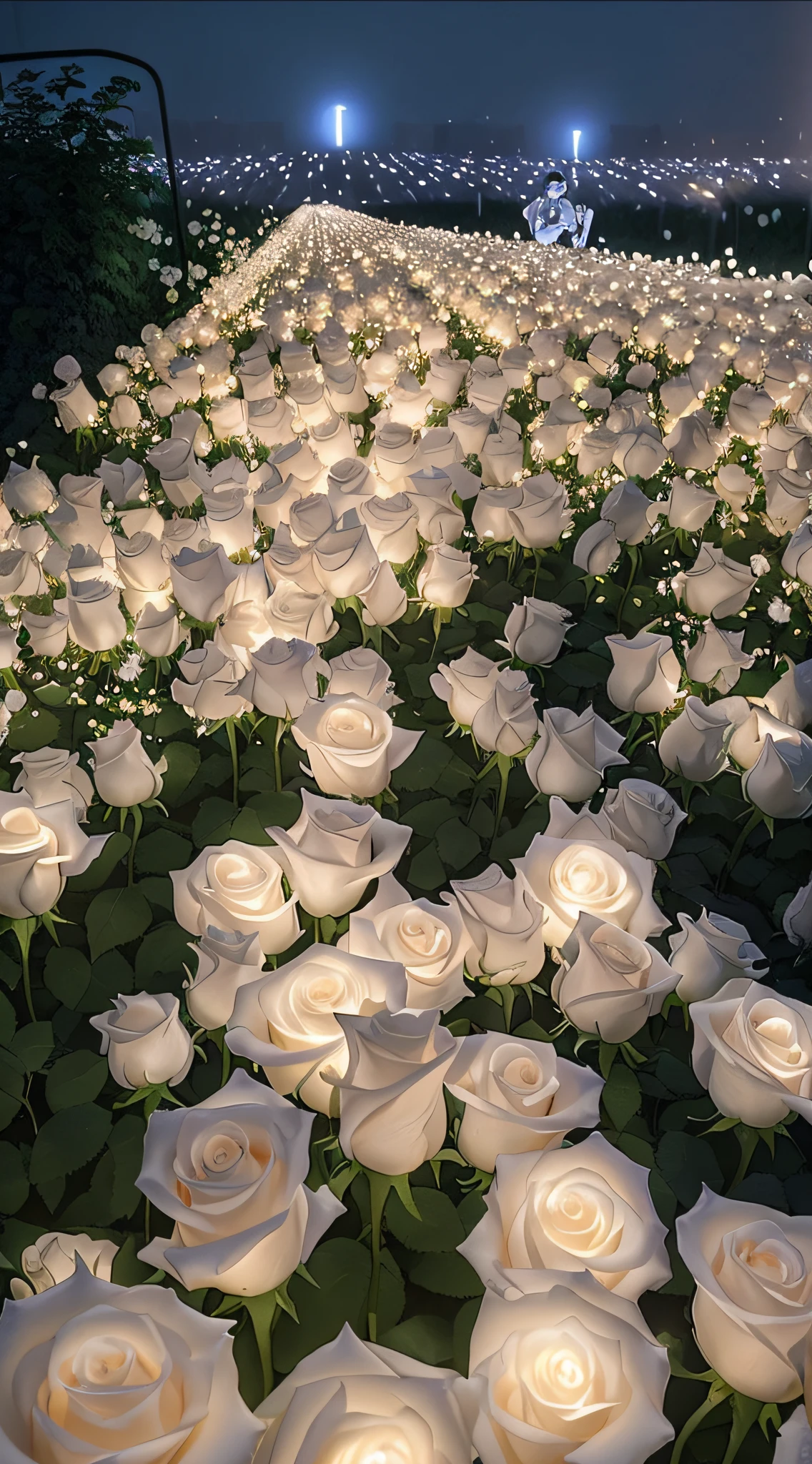 There are many white roses in the fields, roses in cinematic light, White roses, soft white glow, field of flowers at night, Glowing flowers, Luminous flowers, soft bloom lighting, alexey egorov, laying on roses, uniform lighting, lights with bloom, Rose garden, an aesthetic field of flowers, Flower beds on the floor, rosette