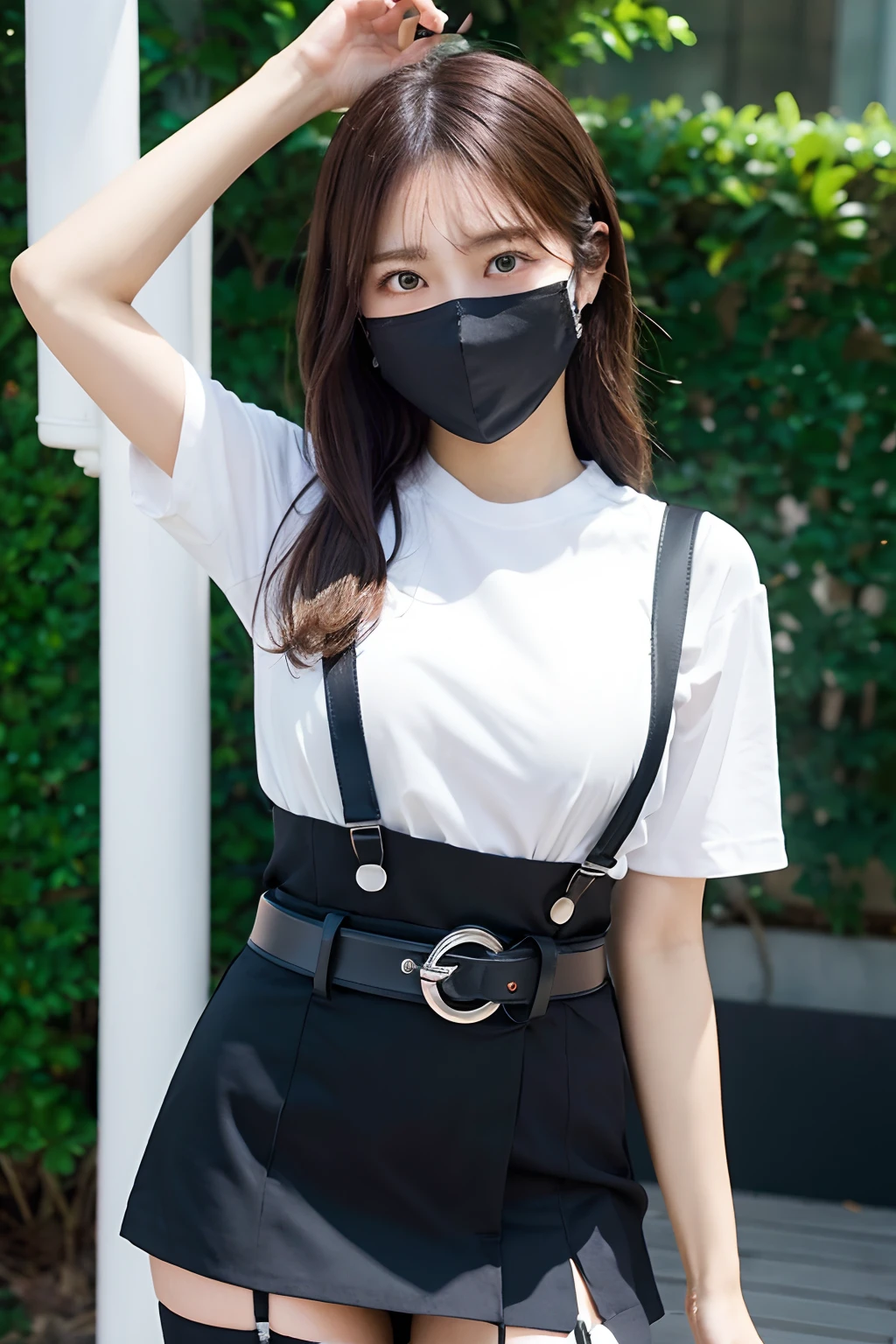 ​masterpiece、top-quality、The ultra -The high-definition、、colourfull、flat-colors、depth of fields、lens flare 1 girl、、A dark-haired、watching at viewers　Suits　Cutter shirt　a belt　suspenders　working adults　materia　OL　Black Suit　Black jacket　glares　huge-breasted　a miniskirt　garterbelts　knee high　Stockings　Black Neeso Mask　Colorcon armpit sweat　perspiring　Side of both hands