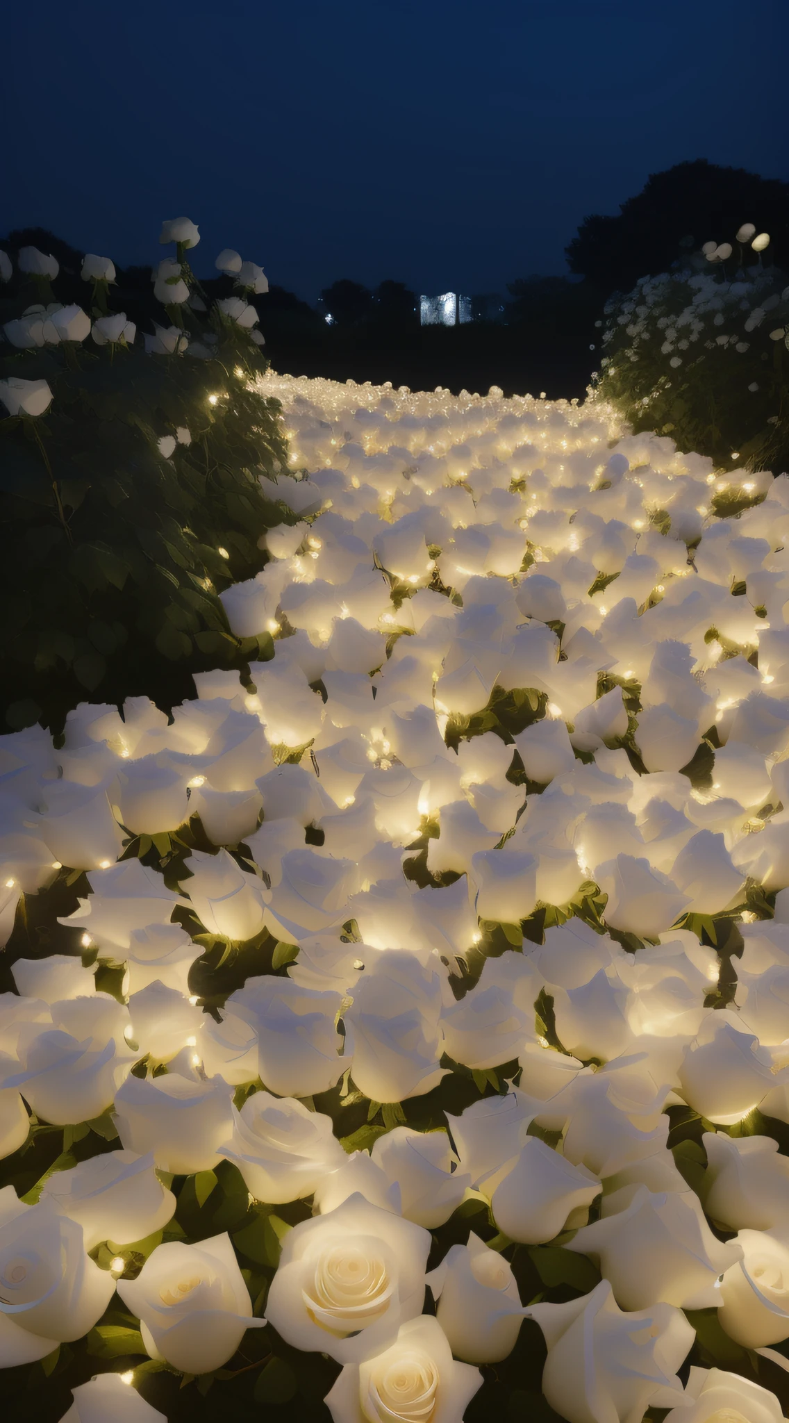 There are many white roses illuminated in the dark, Glowing flowers, field of flowers at night, Luminous flowers, lights with bloom, Flower beds on the floor, soft white glow, beautiful light up, soft bloom lighting, white flowers on the floor, Soft outdoor lighting, Soft glow, a slight light, light bloom, light casting onto the ground, photo taken at night