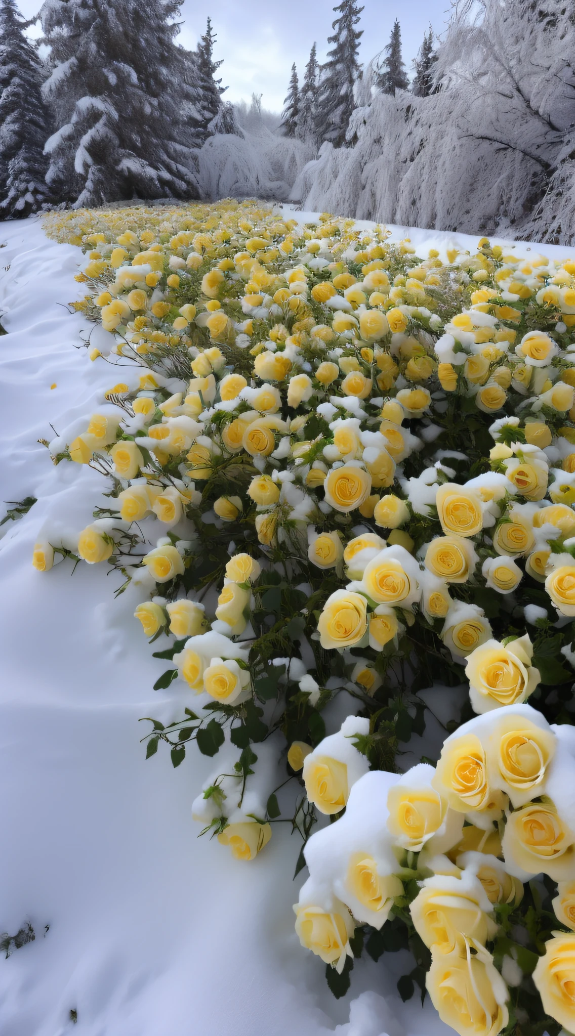 In the snowy fields，Yellow roses covered in snow, Incredibly beautiful, Yellow rose, Rose garden, rosette, snow snow, Unbelievably beautiful, (Snow), Shade of yellow, Beautiful composition, !!Natural beauty!!, Rozen Maiden, warm, Rose, Ice sunflower, with frozen flowers around her, full bloom, Oyuki, very very beautiful, Covered in, beautiful flowers growing