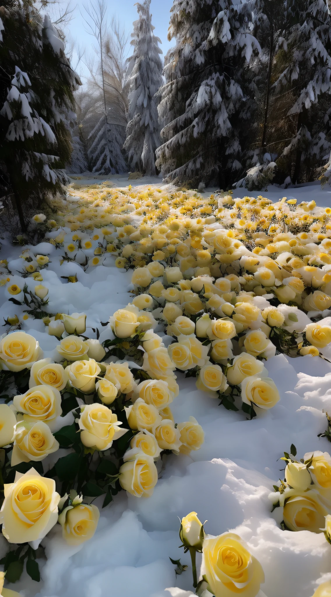 In the snowy fields，Yellow roses covered in snow, with frozen flowers around her, Ice sunflower, absolutely outstanding image, Overhead, shades of gold display naturally, Flowers everywhere, Unbelievably beautiful, Shade of yellow, an aesthetic field of flowers, Incredibly beautiful, there's flowers everywhere, Beautiful composition, Inspired by Edward Willis Redfield, snapchat photo, flowers blooming, beautiful aesthetic