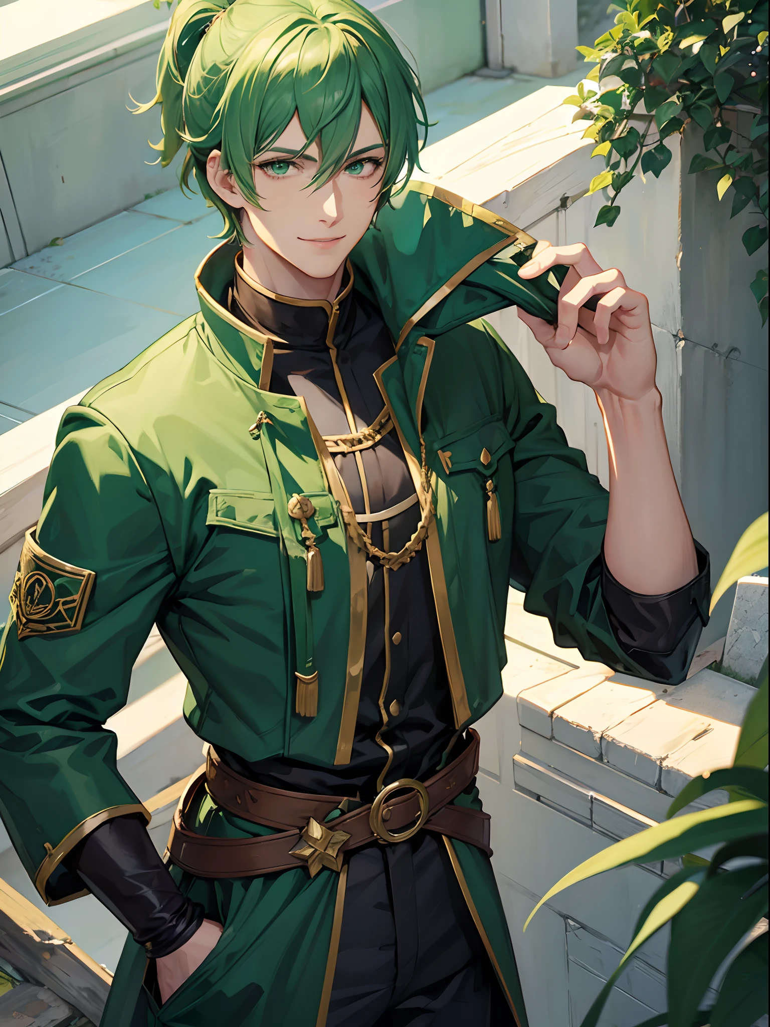 anime, man, solo, light green hair, short pony tail hair, green eyes, model, handsome, half body potrait, fantasy, knight, male, adult, tall, happy smile, brown suite, 23 years old