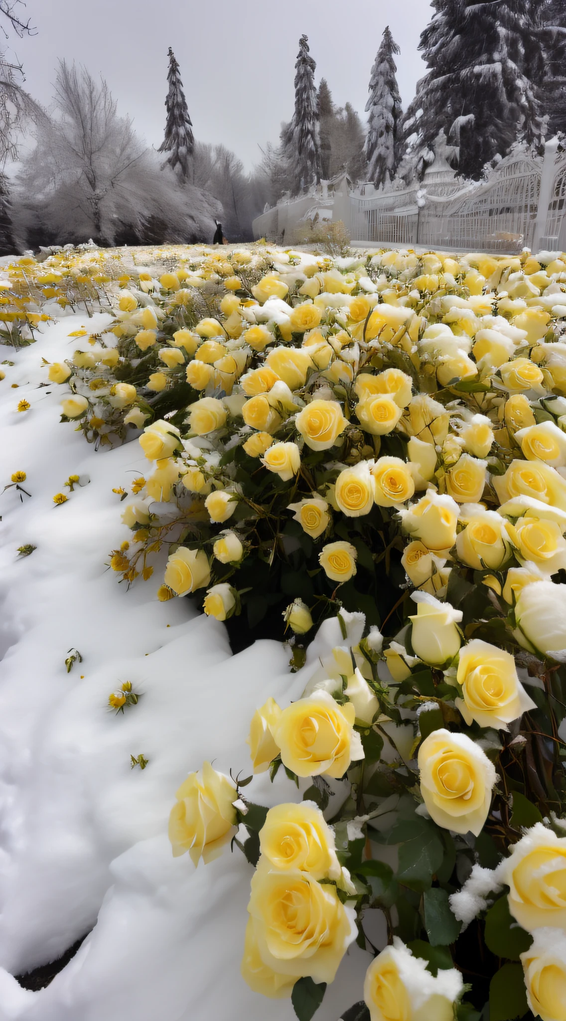 Yellow roses are covered in snow in the snow, with frozen flowers around her, Ice sunflower, Cold but beautiful, Shade of yellow, winter vibrancy, with soft bushes, Yellow rose, Incredibly beautiful, shades of gold display naturally, Covered in, an aesthetic field of flowers, full bloom, weather photography, Covered with snow, exploding roses, Rose garden