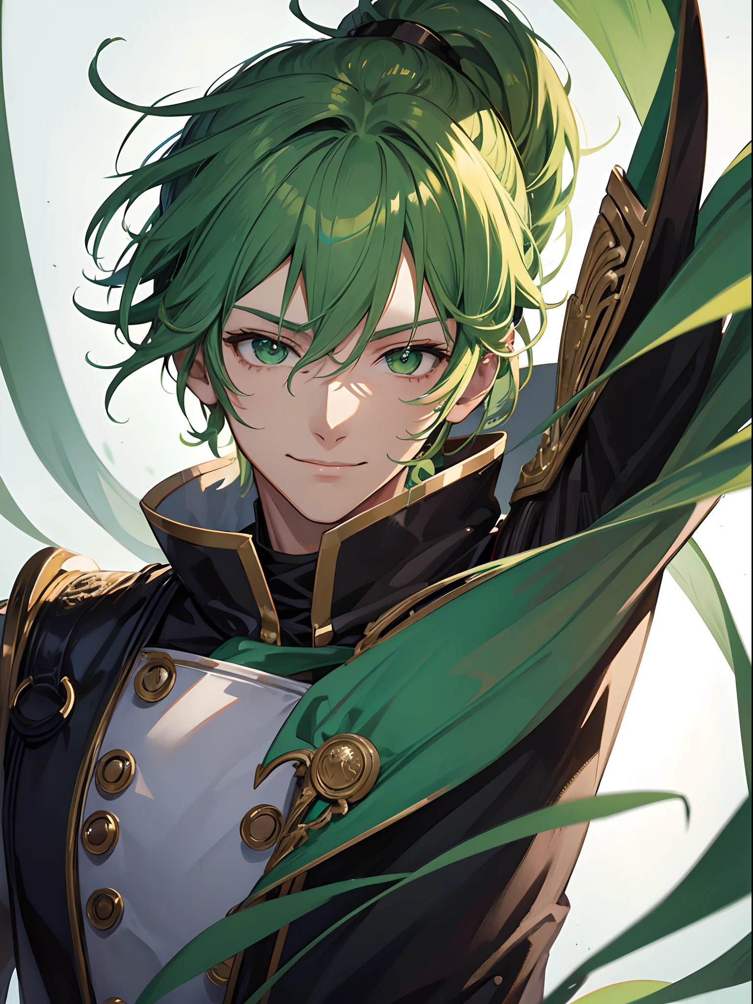 anime, man, solo, light green hair, short pony tail hair, green eyes, model, handsome, half body potrait, fantasy, knight, male, adult, tall, happy smile, brown suite, 23 years old