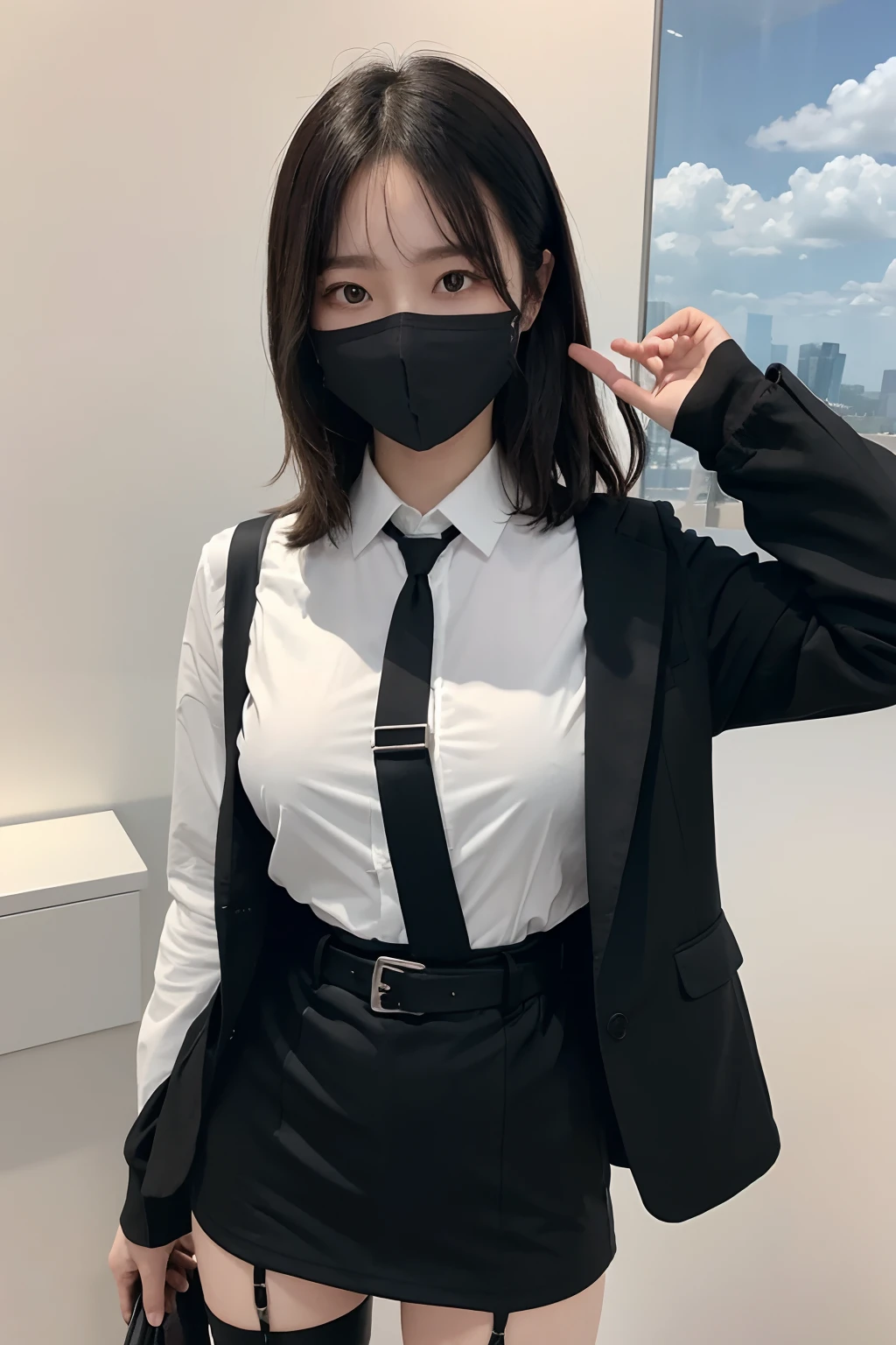 masterpiece、top-quality、The ultra -The high-definition、、colourfull、flat-colors、depth of fields、lens flare 1 girl、、A dark-haired、watching at viewers Suits Cutter shirt a belt suspenders working adults materia OL Black Suit Black jacket glares huge-breasted a miniskirt garterbelts knee high Stockings Black Neeso Mask Colorcon armpit sweat perspiring Side of both hands