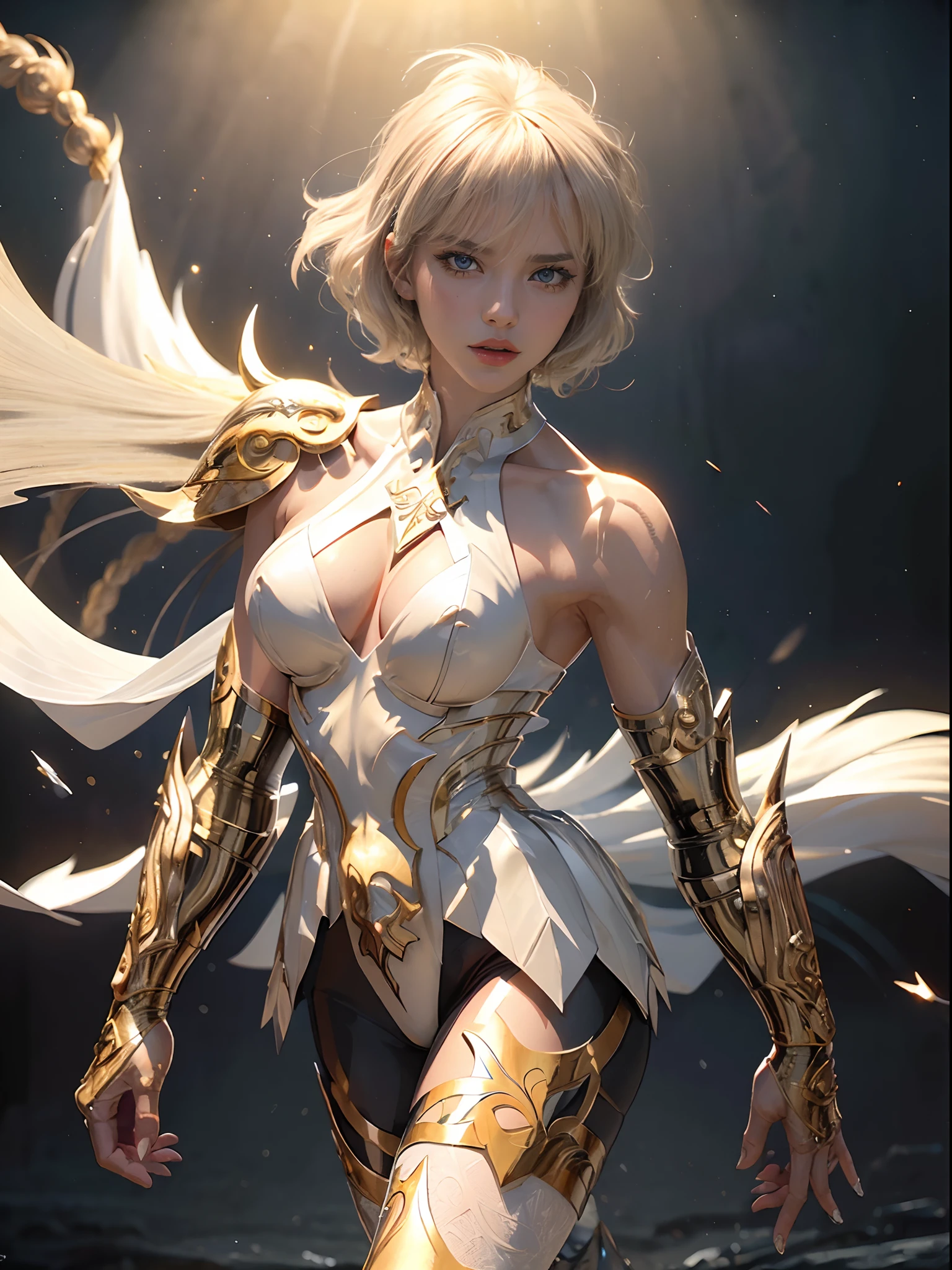 (((of the highest quality: 1.4))),(unparalleled masterpiece ever), (Ultra high definition),(Ultra realistic 8K CG), (((adult body))), (((1girl in))), ((( Shorthair ))), Gladiators with perfect bodies,,Beautiful and well-groomed face,muscular body:1.4,Detailed breastplate, gauntlets、is standing, (Image from head to thigh),(( White Blonde Shorthair )),, Simon Bisley's urban savage style,Detailed ancient Roman background,Clean abs, Complex equipment, Dark brown with white stars and gray and white stripes,,,s Armor, Poison tattoo
