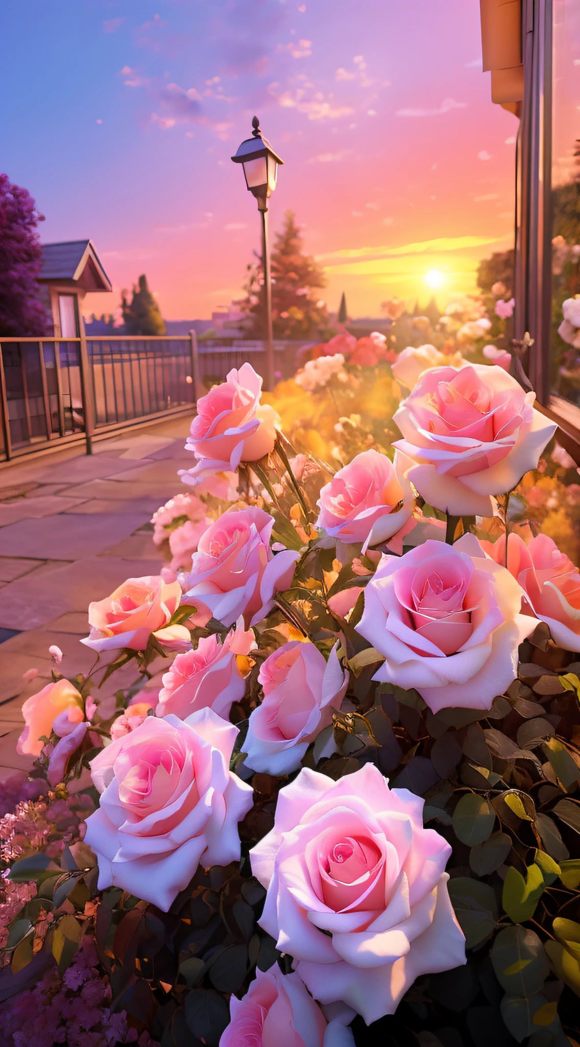 Flowers in the garden,The background is sunset, floral sunset, beatiful background, roses in cinematic light, Beautiful and aesthetic, 🌺 CGSesociety, beautiful iphone wallpaper, pink golden hour, beautiful sunset glow, warm beautiful scene, Beautiful wallpaper, Glowing flowers, Beautiful flowers, ultra-realistic picture, photo realistic style, anime beautiful peace scene, amazing wallpapers, background artwork