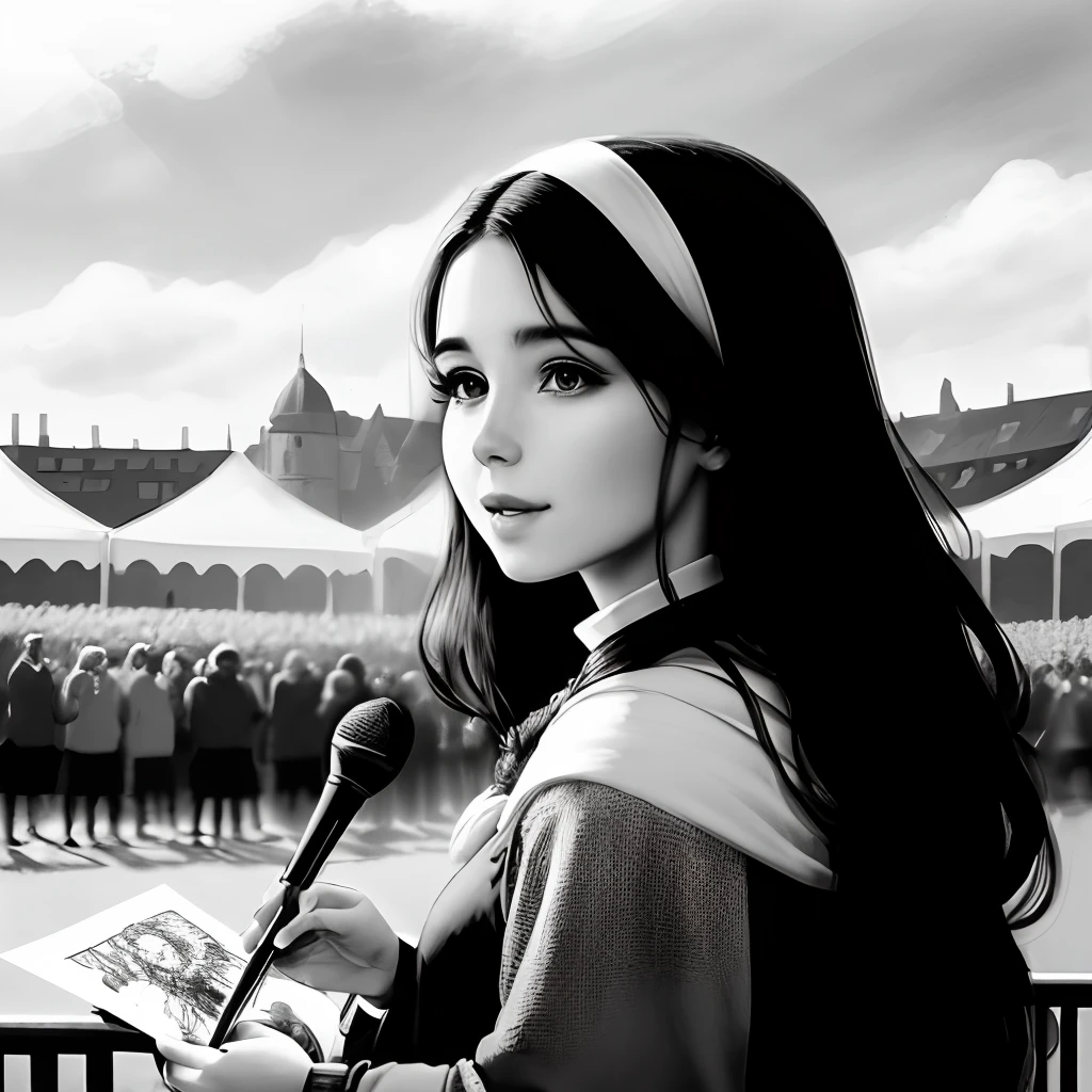 A black and white drawing of a medieval, square, concert, day, people watching, beautiful woman