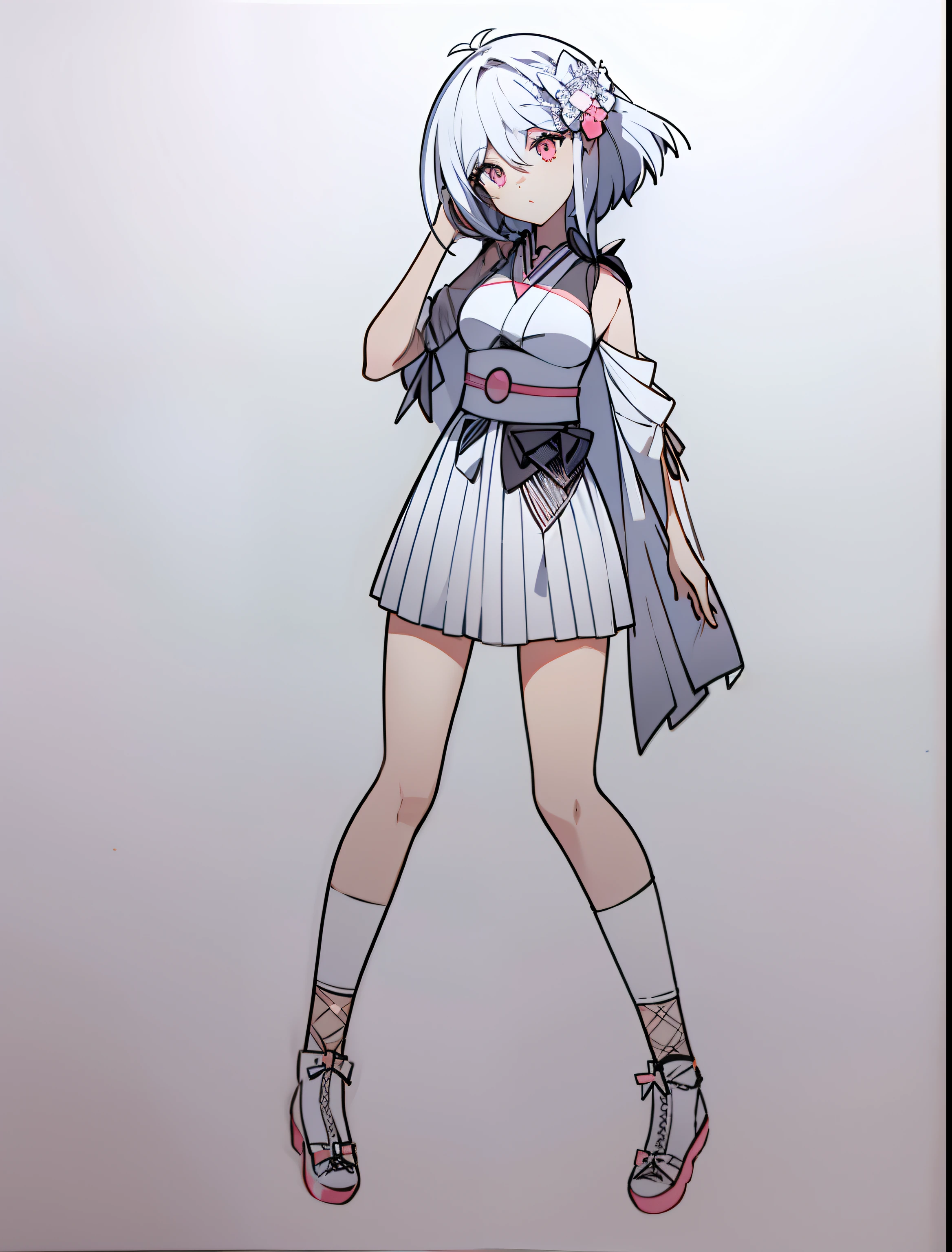 a drawing，A woman in a short skirt wearing a white top and a black skirt, clear outfit design, anime full body illustration, clean anime outlines, Single character full body, anime style character, full body portrait of a short!, li in dress, Full body illustration, clothing design, style of magical girl, cute anime waifu in a nice dress