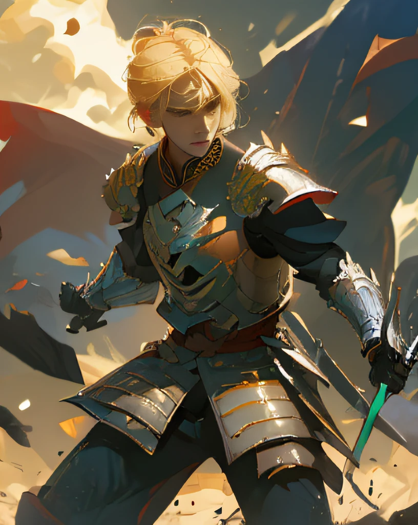 An ancient Chinese general on the battlefield， Artistic composition， Emotion， hyperactive， sport， Particle， backlit blonde hair， tmasterpiece， highest  quality， 1boy， armour， Rochas， yuki