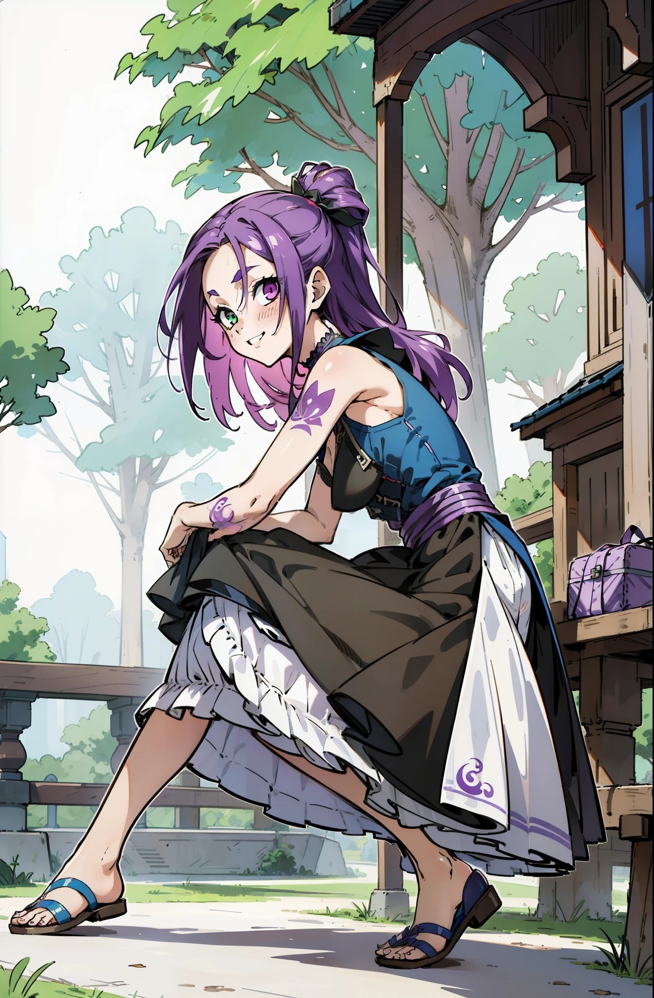 Colorful, Up-close, purple color hair, Ultra-realistic hair quality, Vibrant colors, Young Girl, 14years old girl, Beautiful long hair, Shiny hair, detailed hairs, Hair Ribbon, Single-sided up, Reo Mikage, Blue Lock, no sleeves, Sleeveless, Open shoulders, Cinderella, Drawing, Panniers and Cinderella, Cinderella Dresses, Lace dress, long dress, White tights with leggings, Lace Leggings, Chest exposure, Lace underwear, Metamorphosis is exposed, Choker, Black Choker, complete fingers, Five Fingers, Two arms, Two hands, The tattoo, body tattoo, arm tattoos, Blue Rose Tattoo, Tattoo on the wrist, Tattoo on the thigh, Relative area, Sexy breasts, Big breasts, red blush, 1girl in, Solo, Sharp face, Heterochromia, Green eyes, Purple eyes, Bare neck, Happy face, lightsmile, Skirt in dress, Panniers in dresses,Sitting on the premises, Scenery of Shanghai, Castles, crouching down, Bare foots, Sandals, brown sandals, gladiator sandals, masutepiece, Ultra-detailed, Hyper-detailing, Best Quality