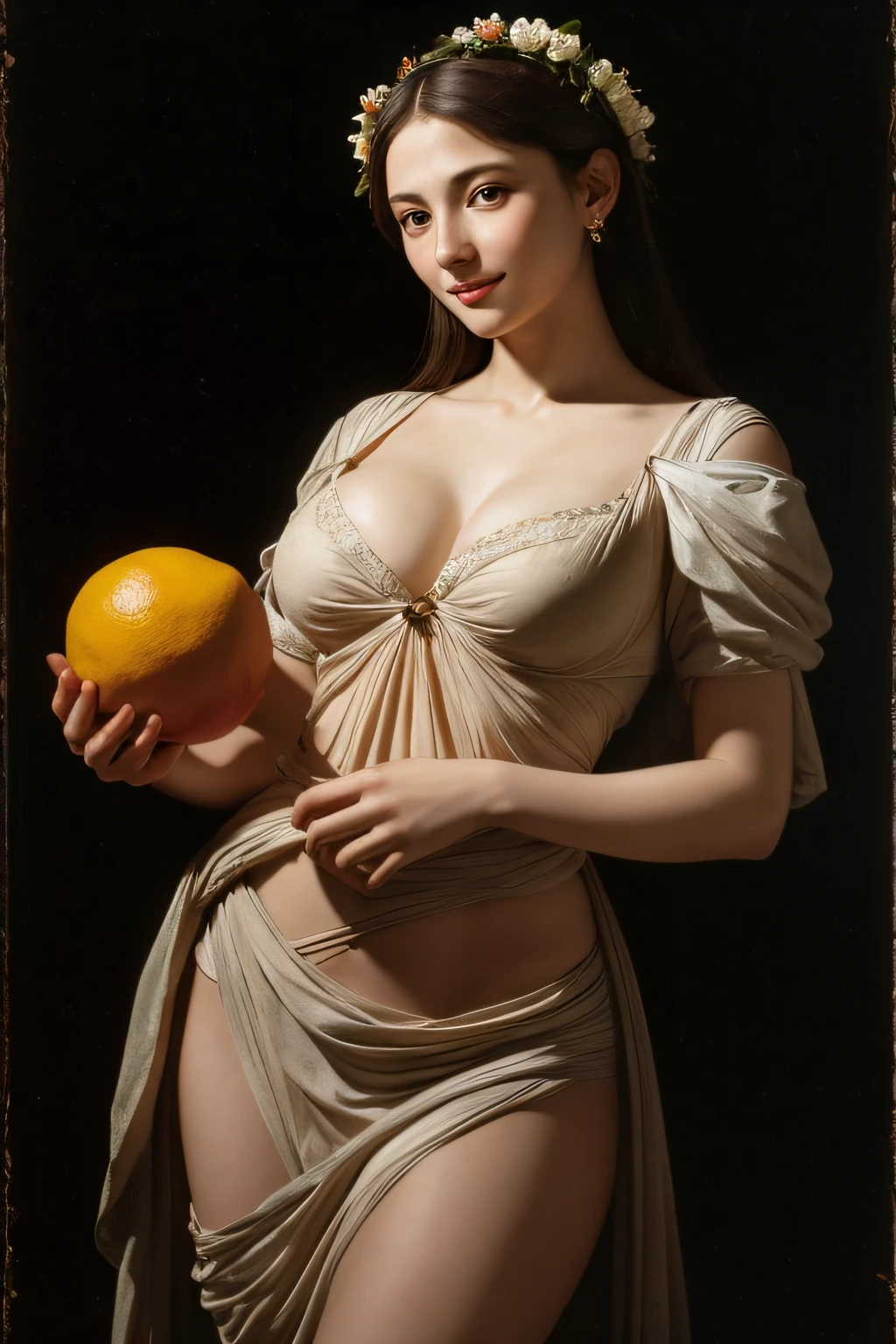 Ancient Greek maiden, Ancient Greek clothes, woman, pure smile, Caravaggio painting, flowers, fruits, big breasts Tong ,Caravaggio chiaroscuro, dark background