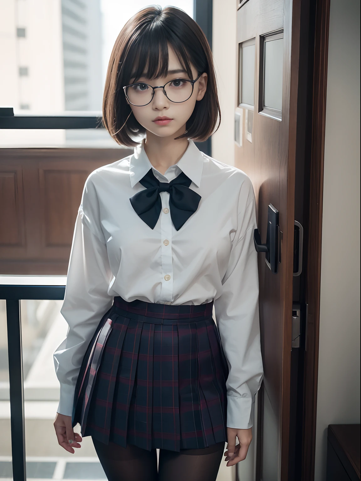 （8K、Raw photography、top-quality、​masterpiece：1.2),(bob cuts),cocky,School,watching at viewers,Looking at the front,Muchimuchi,Erotic,Pupils,(Light blue bra seen through the shirt),de pele branca,kne,(Black pantyhose),absurderes,a small face,small tits,flat breast,Parting the bangs from the middle、Forehead visible,(a cold expression,Tight eyes,glares,Bullish,skinny,Rasping,irate)、​masterpiece,top-quality、超A high resolution,Raw photo,ren,Beautiful fece,One Person, 独奏,eye glass,,Dark look,Small breasts,fullllbody,Round glasses、cute little,JK school uniform,hi-school girl,A Japanese Lady,is standing,（Photorealsitic：1.37）、Photon mapping,Realistic、Beautie,Cute little face,Brown-eyed、Black socks、(Red bow tie)、Radio City、Physically Based Rendering、depth of fields、Blurry background、a picture,Body,teens girl,beauty legs, Long legs, Thin leg,(Bangs are visible), hair, s lips, Blue_The eye, nosesoft,(Light blue shirt), (Navy and blue and white plaid pleated skirt), Knees are visible,Sheer clothing,, Thigh, Black cotton socks,Nogizaka Idol, 女優, Japanese ido
