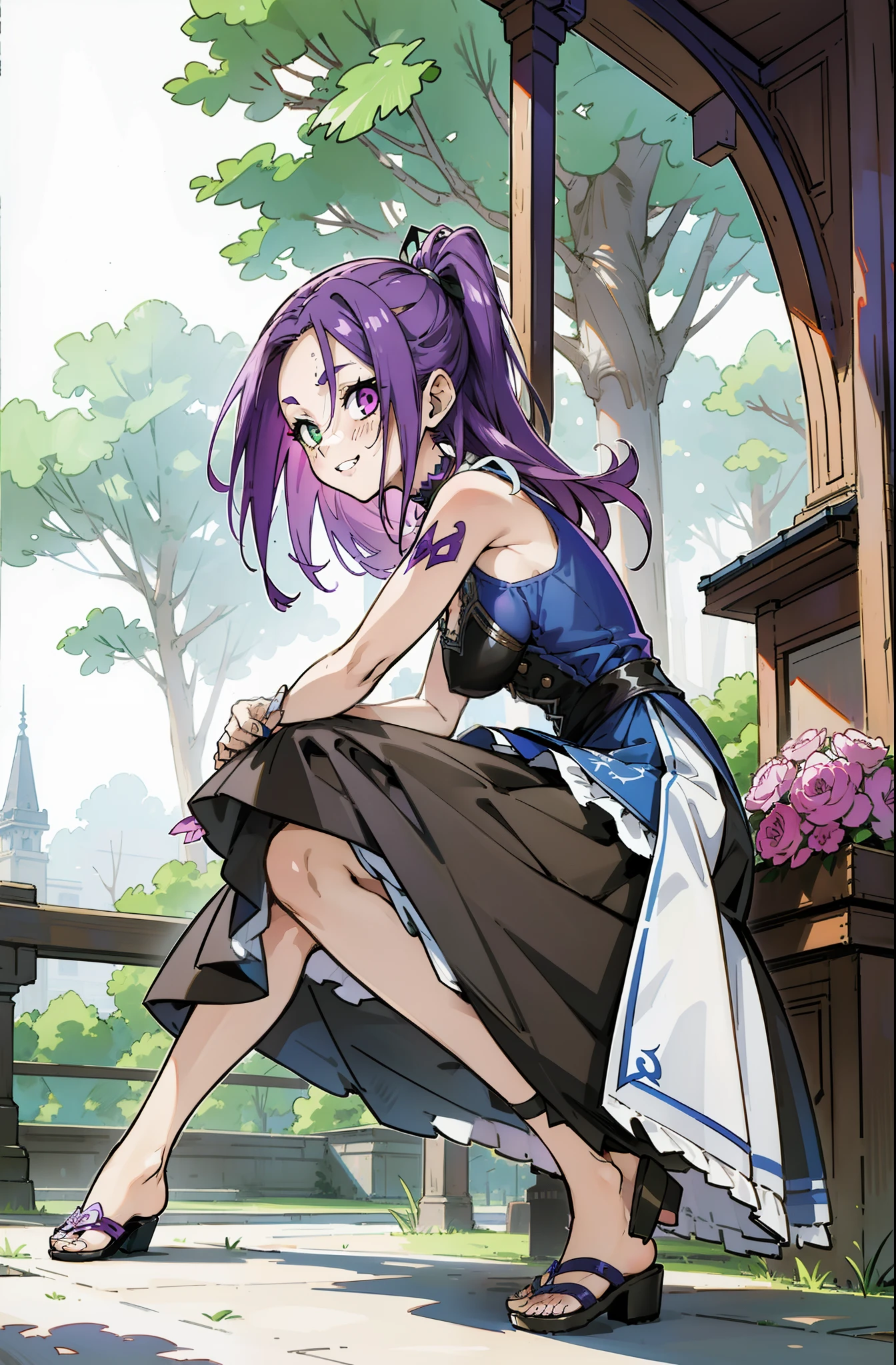 Colorful, Up-close, purple color hair, Ultra-realistic hair quality, Vibrant colors, Young Girl, girl, Beautiful long hair, Shiny hair, detailed hairs, Hair Ribbon, Single-sided up, Reo Mikage, Blue Lock, no sleeves, Sleeveless, Open shoulders, Cinderella, Drawing, Panniers and Cinderella, Cinderella Dresses, Lace dress, long dress, White tights with leggings, Lace Leggings, Chest exposure, Lace underwear, Metamorphosis is exposed, Choker, Black Choker, complete fingers, Five Fingers, Two arms, Two hands, The tattoo, body tattoo, arm tattoos, Blue Rose Tattoo, Tattoo on the wrist, Tattoo on the thigh, Relative area, Sexy breasts, Big breasts, red blush, 1girl in, Solo, Sharp face, Heterochromia, Green eyes, Purple eyes, Bare neck, Happy face, lightsmile, Skirt in dress, Panniers in dresses,Sitting on the premises, Scenery of Shanghai, Castles, crouching down, Bare foots, Sandals, brown sandals, gladiator sandals, masutepiece, Ultra-detailed, Hyper-detailing, Best Quality