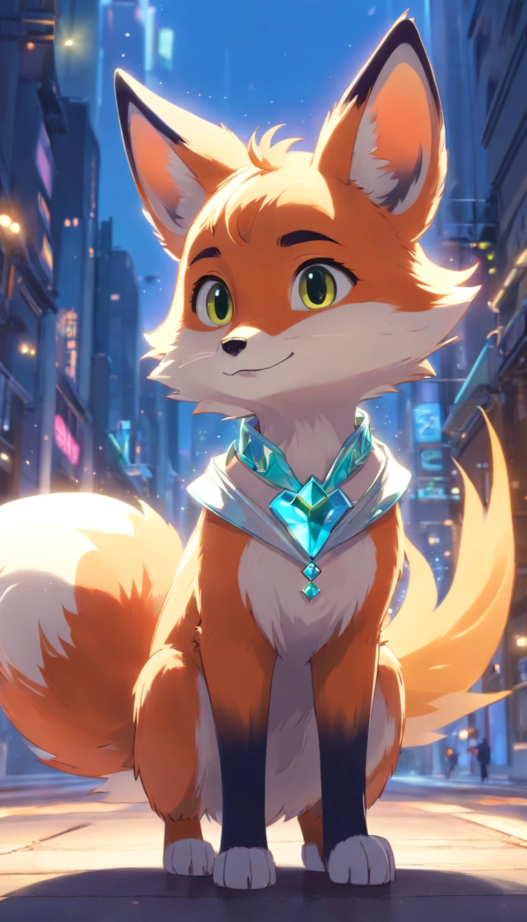 Pixar style super cute anthropomorphic fox， Dai Han costume and crystal crown, standing, Charming big eyes, Cute tail, standing, Surreal, Super fine, Luxurious, Graceful standing, Charming big eyes, Cute tail, standing, Surreal, Super detailed, Luxurious, elegant, complex, Gorgeous, illusory engine, Octane rendering, 8K, Frey surrealism