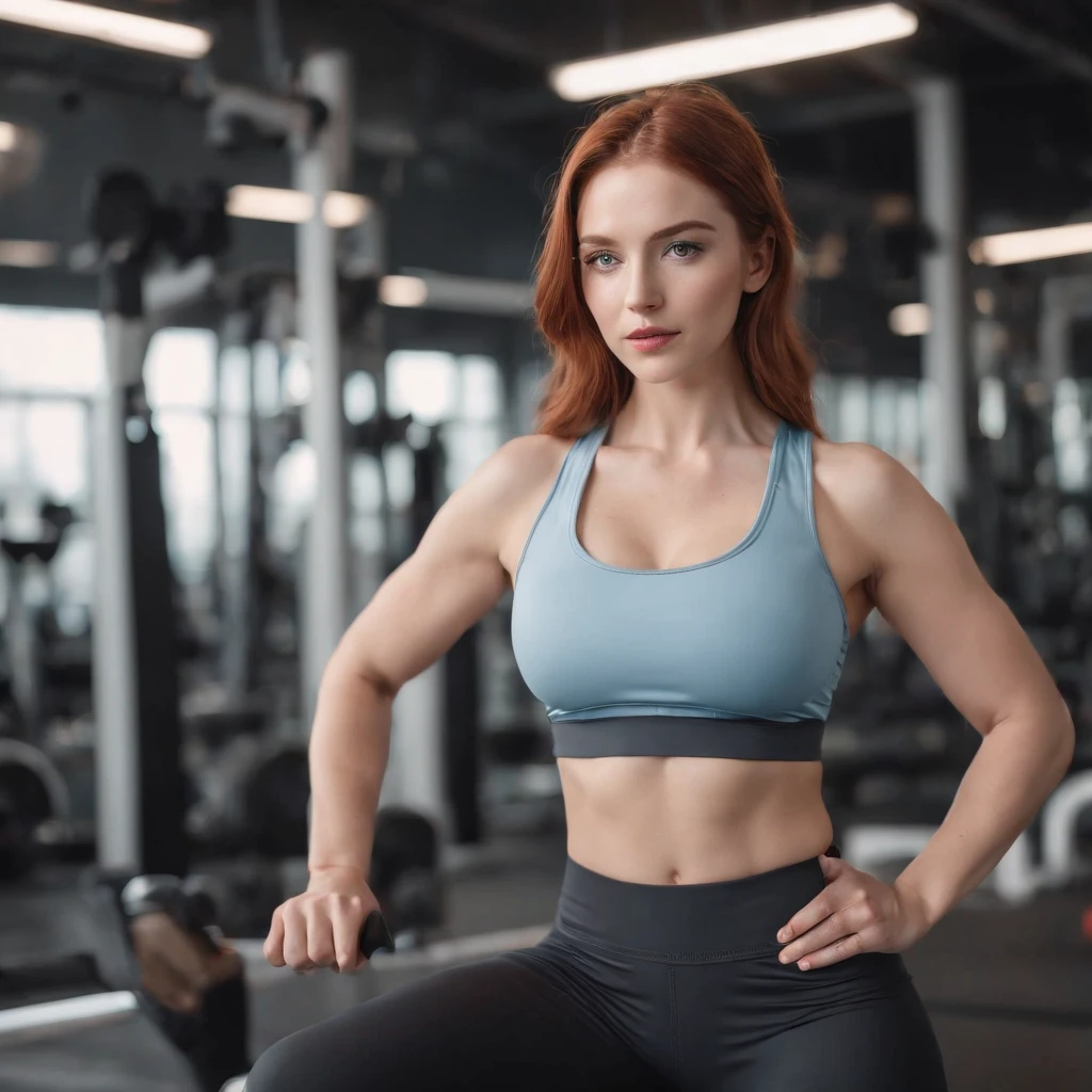 wavy Red-haired woman in Light Blue Leggings and matching sports bra,who goes training with a sport outfit a well-equipped gym. She's dressed in form-fitting yoga pants and sports bra that highlight her abs . Perfekte Augen, (Augen-Make-up:1.1), (Hochdetaillierter Skin:1.1), (perfect small breasts), Model Pose, High quality photo, 8K UHD, DSLR, High quality, Fujifilm XT3, Korn, awards winning, Meisterwerk