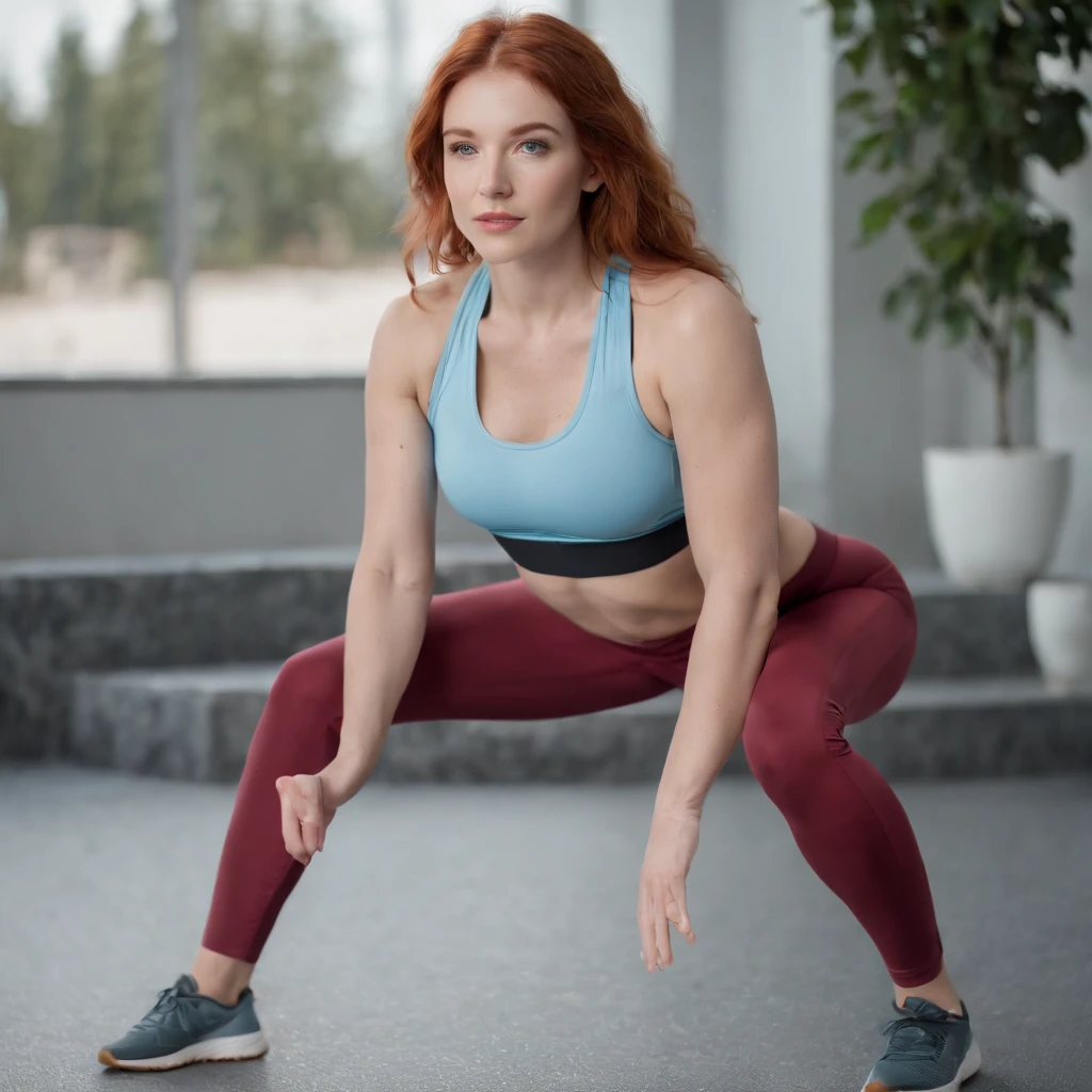 wavy Red-haired woman in Light Blue Leggings and matching sports bra,who goes training with a sport outfit a well-equipped gym. She's dressed in form-fitting yoga pants and sports bra that highlight her abs . Perfekte Augen, (Augen-Make-up:1.1), (Hochdetaillierter Skin:1.1), (perfect small breasts), Model Pose, High quality photo, 8K UHD, DSLR, High quality, Fujifilm XT3, Korn, awards winning, Meisterwerk