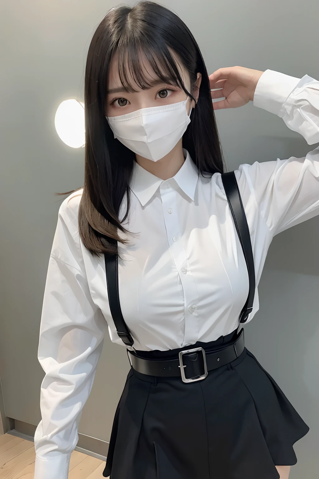 ​masterpiece、flat-colors、depth of fields、lens flare 1 girl、、Brown hair、watching at viewers　　　black suspenders　　　bulging big breasts　　　 　 Armpit sweat　perspiring　Side of both hands　　walls: 　Black pants, Black Suit Chain　　　　　arma　Gaze　　　Small face　Bangs Upper Eyes　flank　masks　Colorcon　Cutter shirt