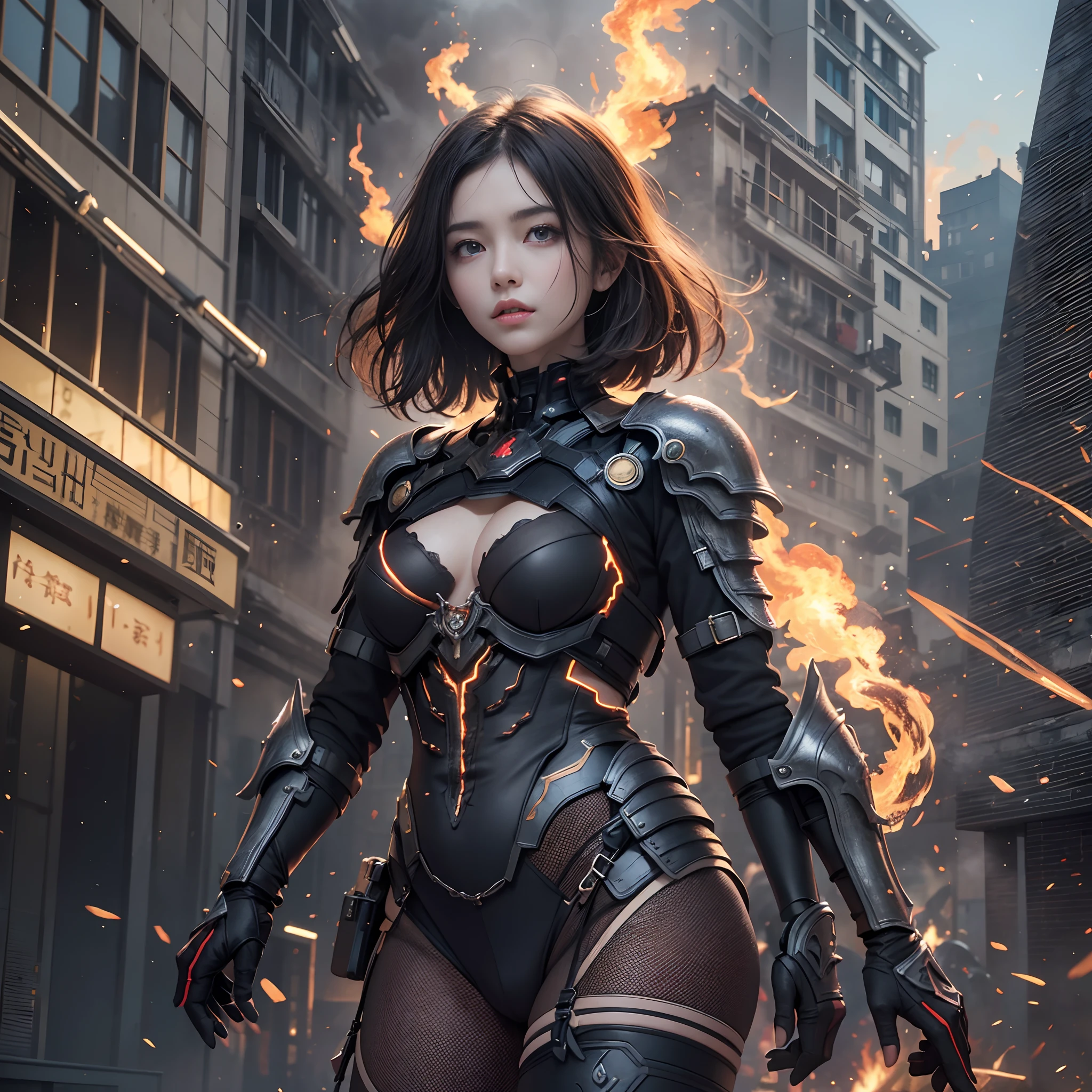8k, top-quality, (pubic hair beauty)、hight resolution, realisticlying, realperson, Hero wearing glowing armor fighting black smoke and assimilated monsters The hero is a woman in a building street with fire and smoke rising、The building is collapsing