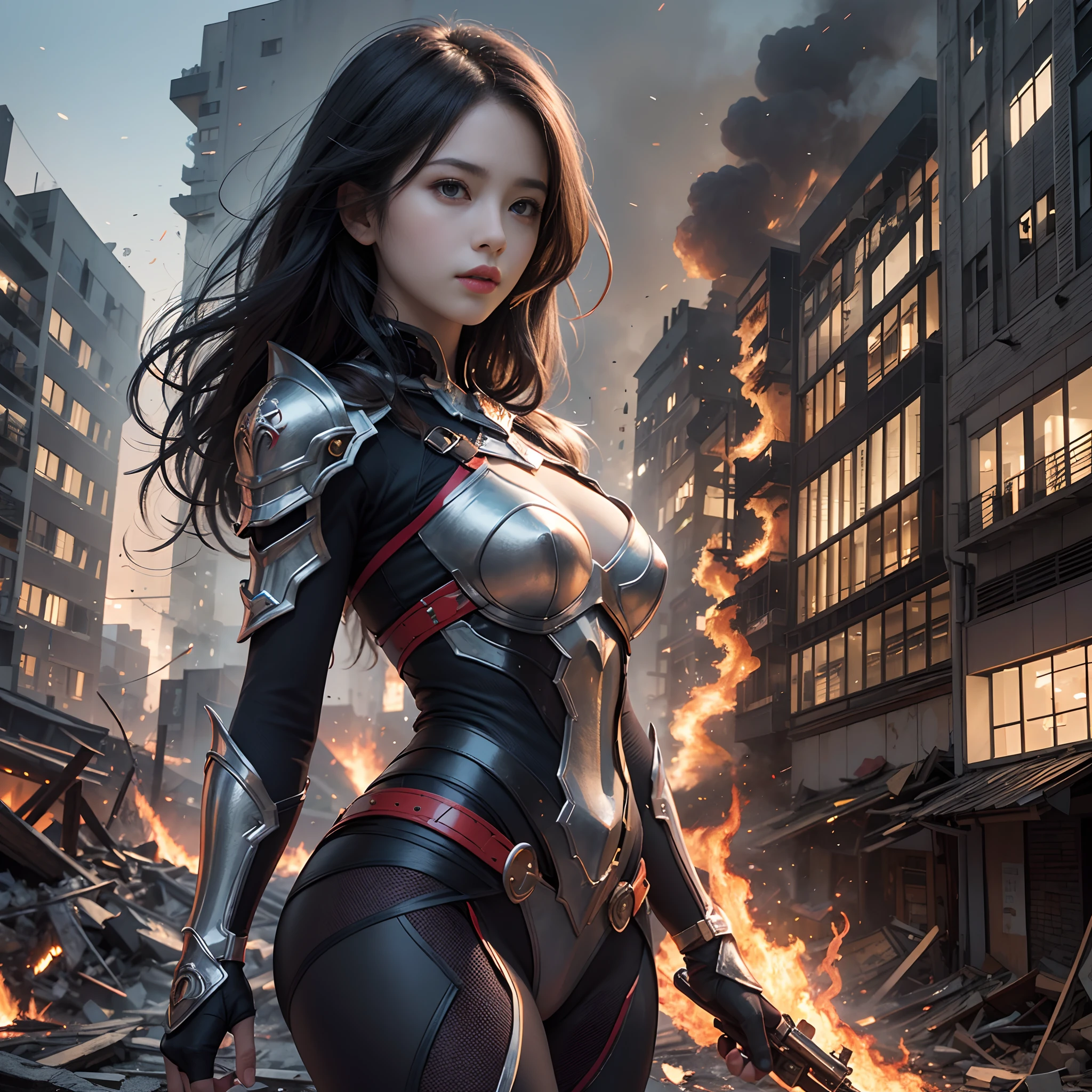 8k, top-quality, (pubic hair beauty)、hight resolution, realisticlying, realperson, Hero wearing glowing armor fighting black smoke and assimilated monsters The hero is a woman in a building street with fire and smoke rising、The building is collapsing
