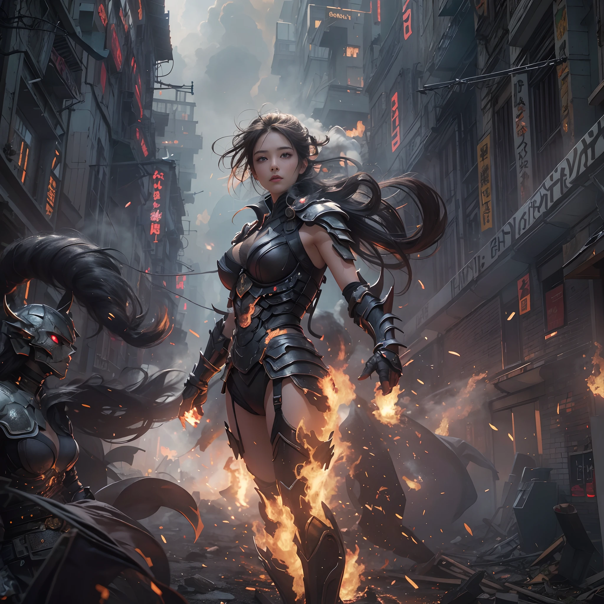 8k, top-quality, (pubic hair beauty)、hight resolution, realisticlying, realperson, Hero wearing glowing armor fighting black smoke and assimilated monsters The hero is a woman in a building street with fire and smoke rising、The building is collapsing