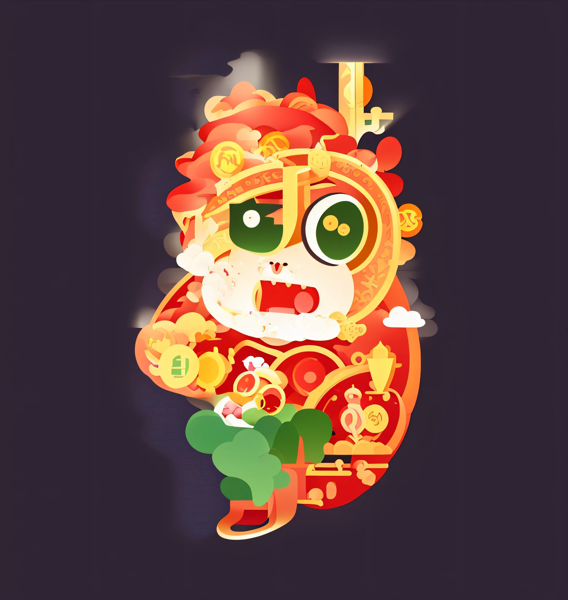 A cartoon character with a minimalist dragon holding a gold coin, mascot illustrations, drak, telegraph stickers, Cartoon illustration, God of Wealth, by Yang J, Chinese style, japanese mascot, inspired by Park Hua, Chinese traditional, Monkey king, nanquan, cute character, ilustration, son goku, author：Yan Hui