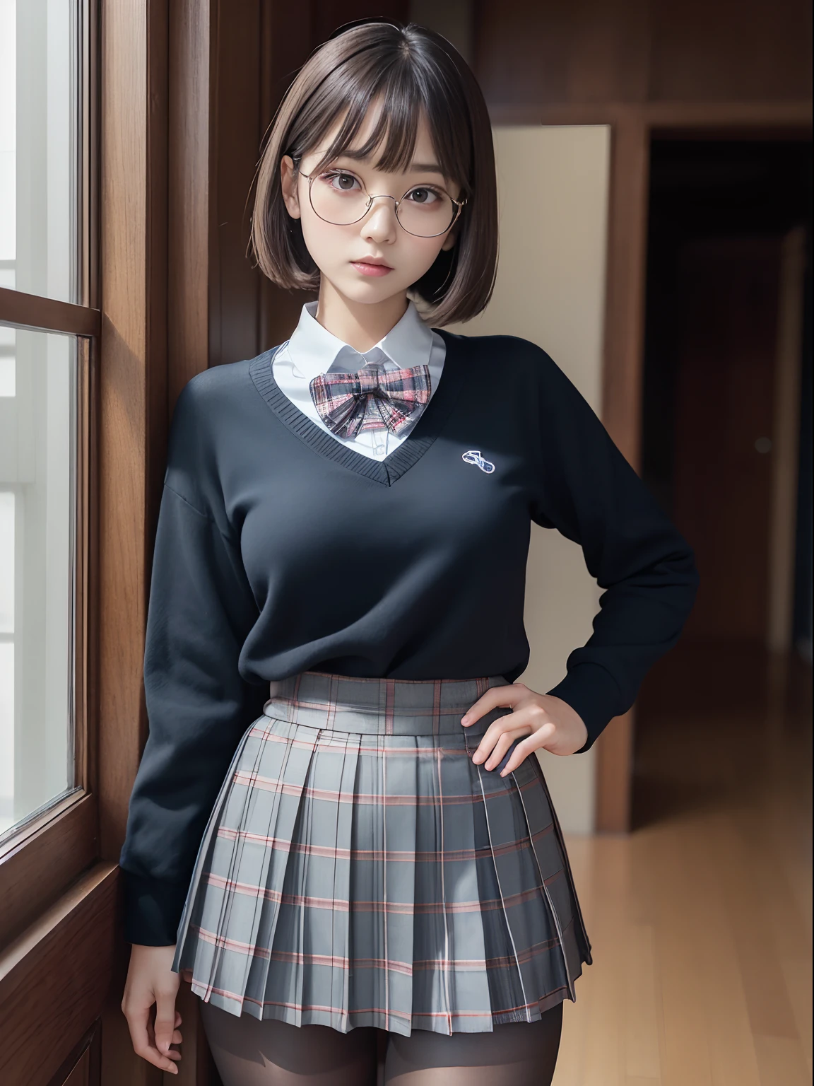 (Long bob cut)、(Underwear is visible)、((Narrow-eyed))、((Narrow-eyed))、((Narrow-eyed))、(8K、Raw photography、top-quality、masterpiece:1.2),((small tits))、((small tits))、((small tits))、((small tits))、((small tits))、((A-cup))、((A-cup))、((A-cup))、((A-cup))、((A-cup))、Has a small、(flat breast)、(flat breast)、(flat breast)、(flat breast)、(flat breast)、(being thin)、light skinned、skin whitening、Dark look、Rasping,glamor,Chromo-white skin,cocky,School,watching at viewers,Looking at the front,Muchimuchi,High-pitched clothing,Erotic,Pupils,de pele branca,kne,((Black pantyhose)),absurderes,a small face,,Forehead visible,Bangs hanging from the left and right sides of the forehead,(a cold expression,Tight eyes,glares,Bullish,irate)、masterpiece,top-quality、超A high resolution,Raw photo,ren,Beautiful fece,One Person, 独奏,eye glass,,Dark look,Small breasts,fullllbody,Round glasses,JK school uniform,hi-school girl,A Japanese Lady,is standing,(Photorealsitic:1.37)、Photon mapping,Realistic、Beautie,Cute little face,Brown-eyed、Black socks、(Red bow tie)、Radio City、Physically Based Rendering、depth of fields、Blurry background、a picture,Body,beauty legs, Long legs, Thin leg,(Bangs are visible), hair, s lips, Blue_The eye, nosesoft,(Light blue shirt), (Navy and blue and white plaid pleated skirt), Knees are visible,Sheer clothing,, Thigh, Black cotton socks,Nogizaka Idol, 女優, Japanese ido
