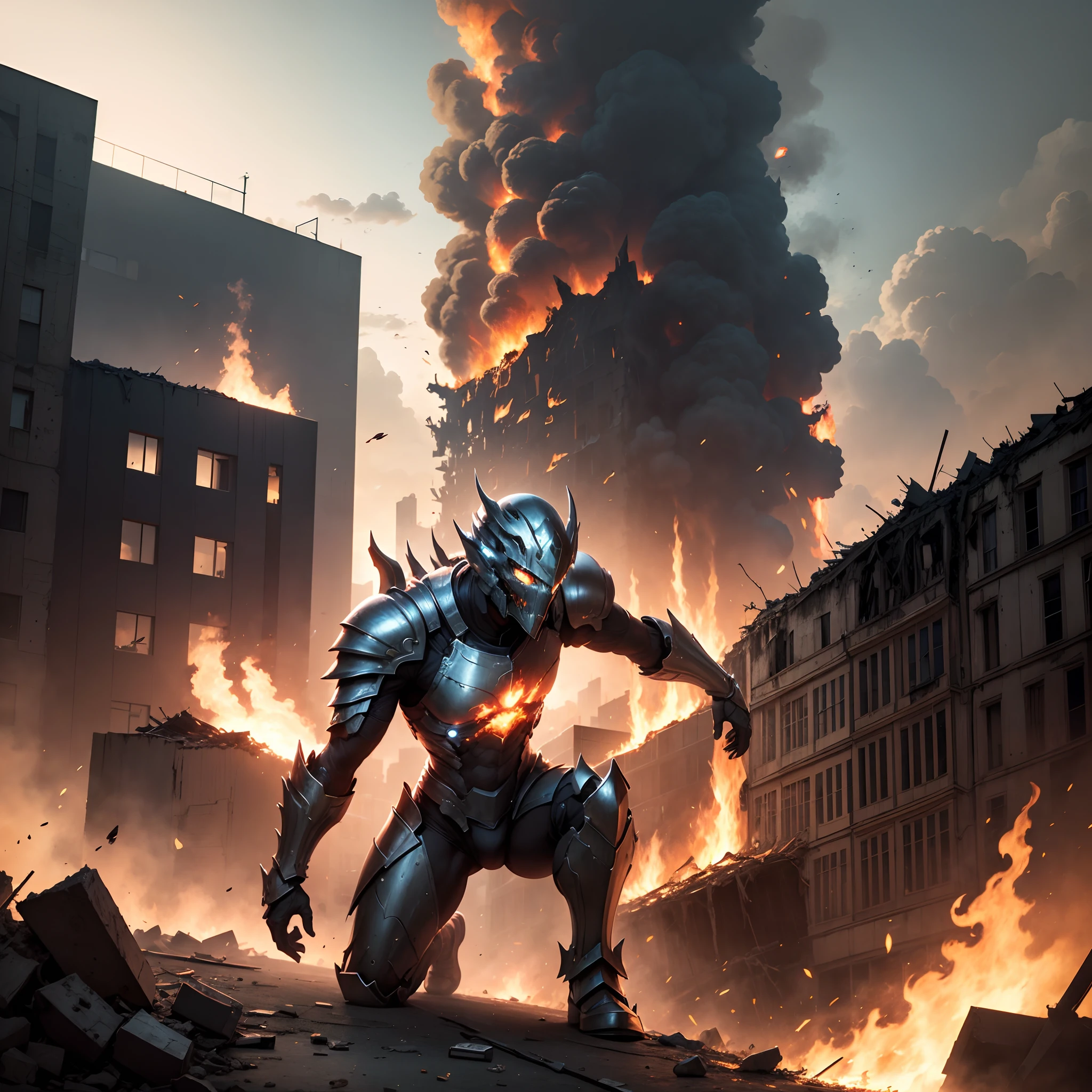 Hero wearing glowing armor fighting black smoke and assimilated monsters The hero is a woman in a building street with fire and smoke rising、The building is collapsing