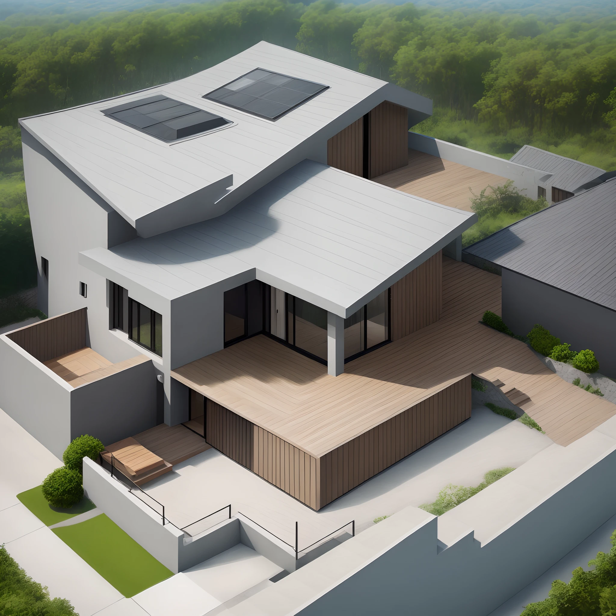 Modern villa L shape with concrete texture facade , industry design steel brick glass wood