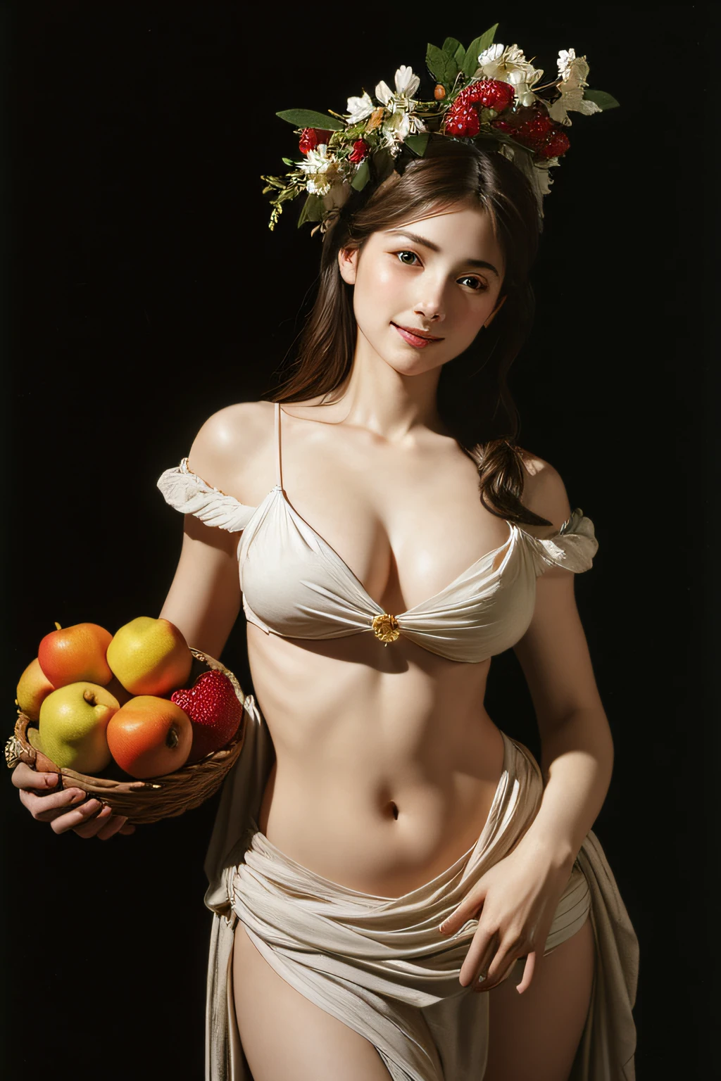 Ancient Greek maiden, Ancient Greek clothes, woman, pure smile, Caravaggio painting, flowers, fruits, big breasts Tong ,Caravaggio chiaroscuro, dark background